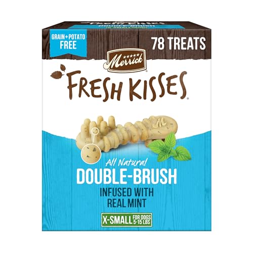 Merrick Fresh Kisses Natural Dental Chews Toothbrush Treat Shape Infused with Real Mint for Tiny Dogs 5-15 Lbs - 106 ct. Box