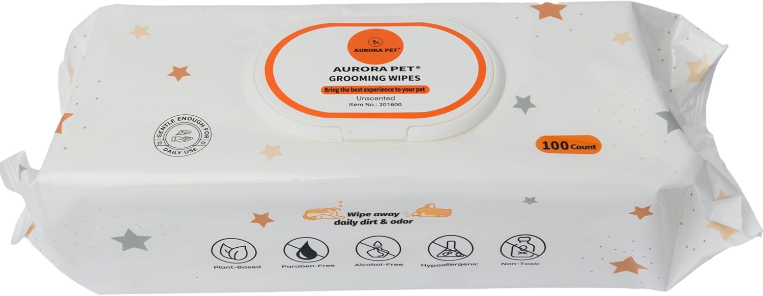 Aurora Pet Wipes – 100% Natural, Plant-Based Hypoallergenic Grooming Wipes for Dogs & Cats – Extra-Durable, Large & Thick for Effortless Cleaning