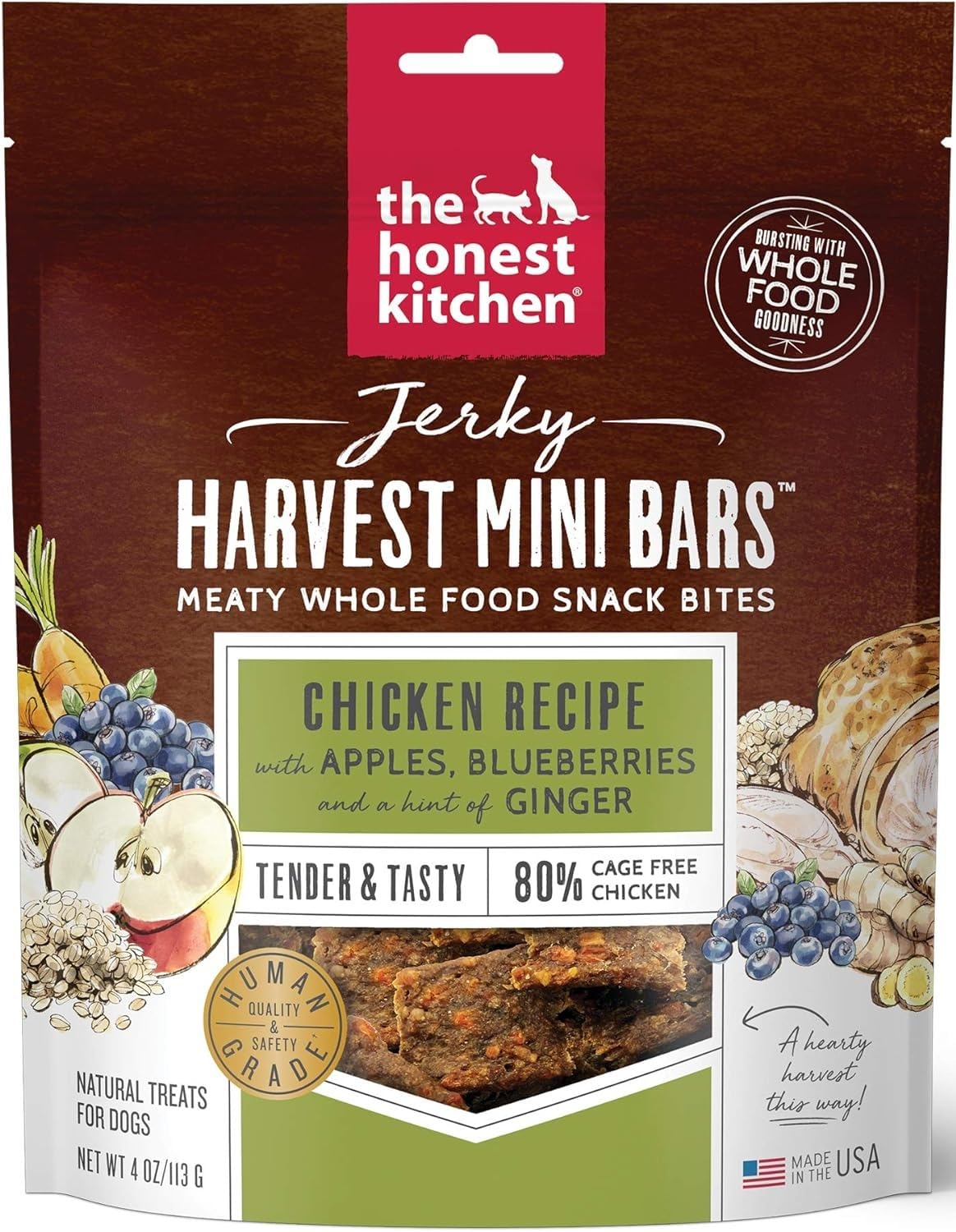 The Honest Kitchen Jerky Harvest Mini Bars Chicken Recipe with Apples & Blueberries Dog Treats (Pack of 3)