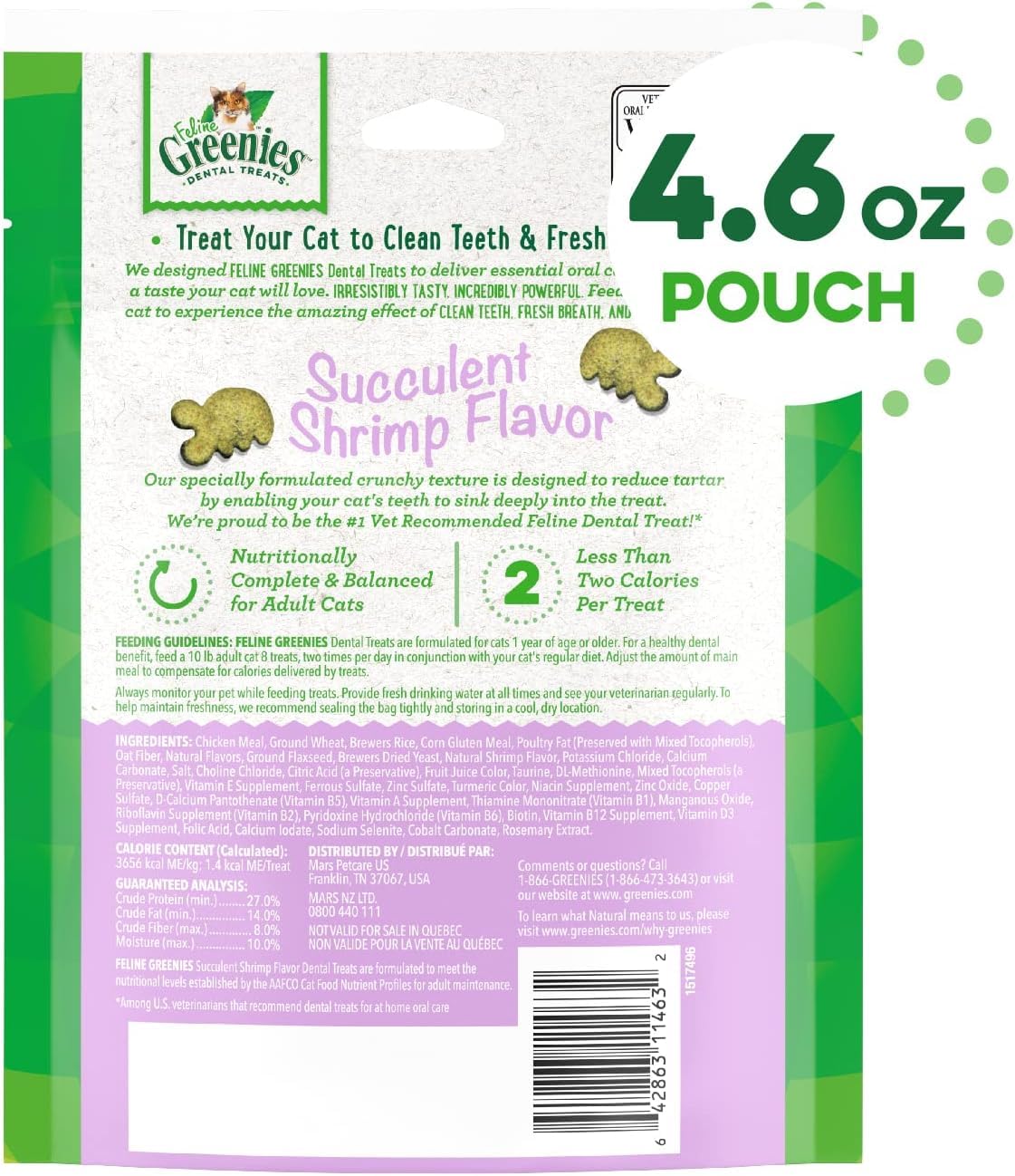 Greenies Natural Crunchy Dental Cat Treats (Shrimp and Catnip)