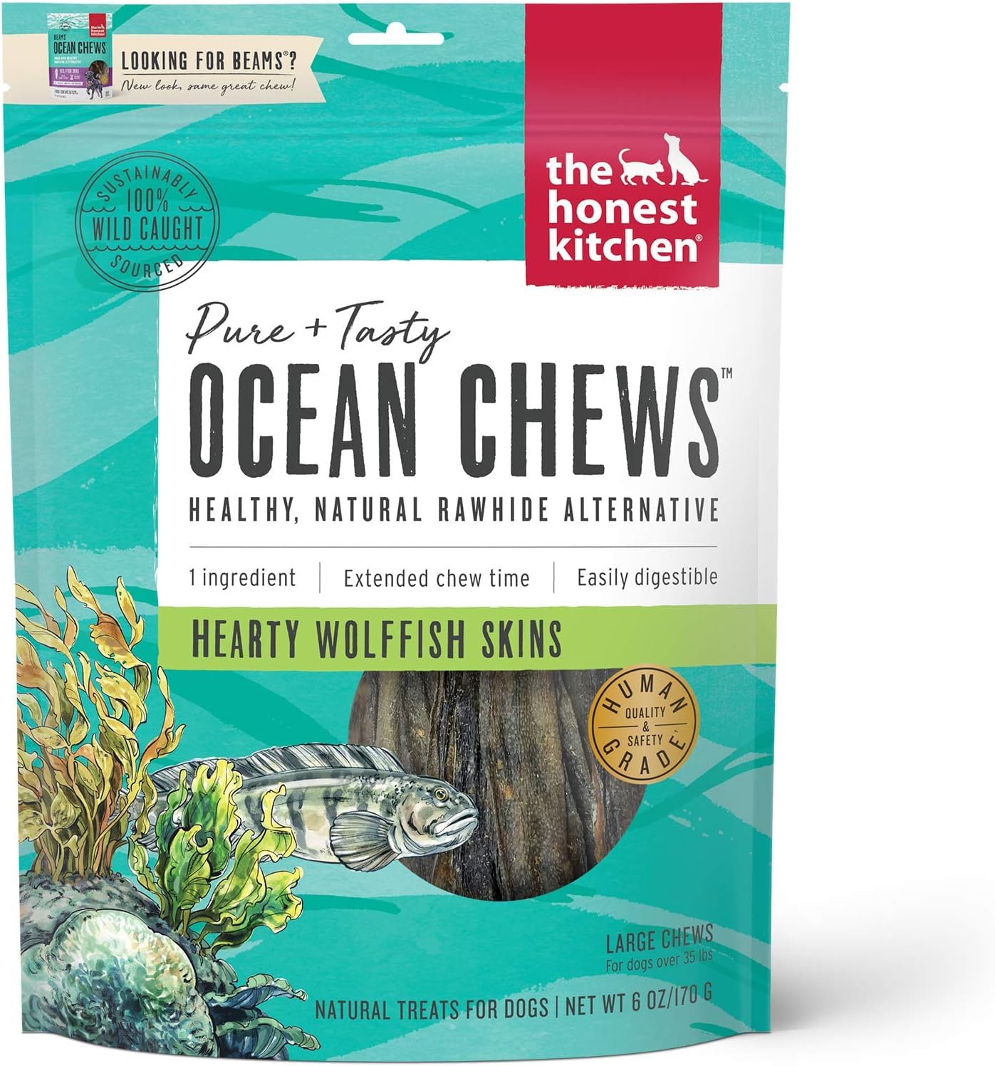 The Honest Kitchen Ocean Chews Wolfish Skins (6-oz), Cod Fish Skins (5.5-oz) Dehydrated Dog Treats