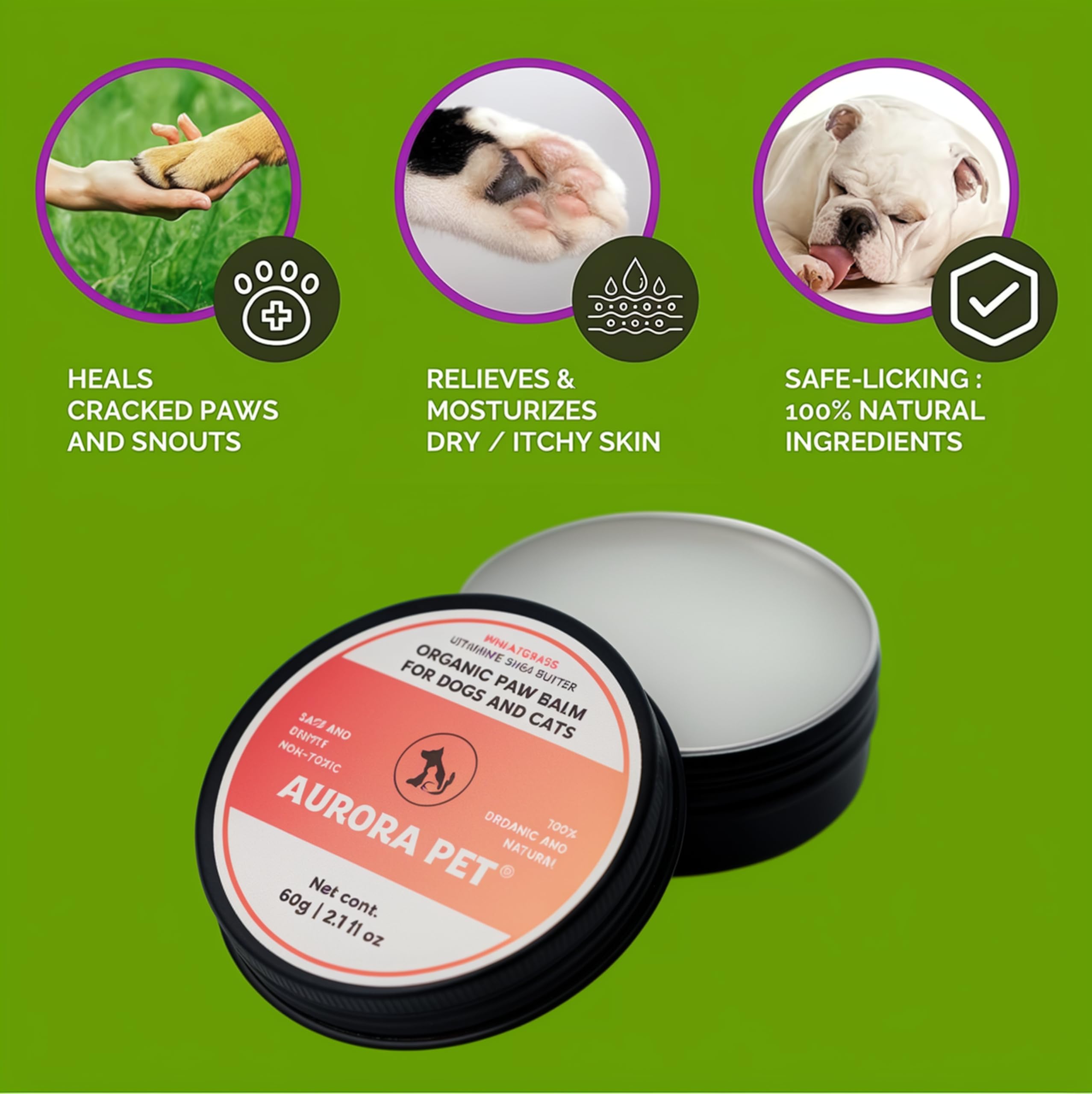 Aurora Pet Organic Paw Balm for Dogs and Cats 2.1 oz | Heals, Repairs & Restores Dry Cracked Paws, Noses & Elbows