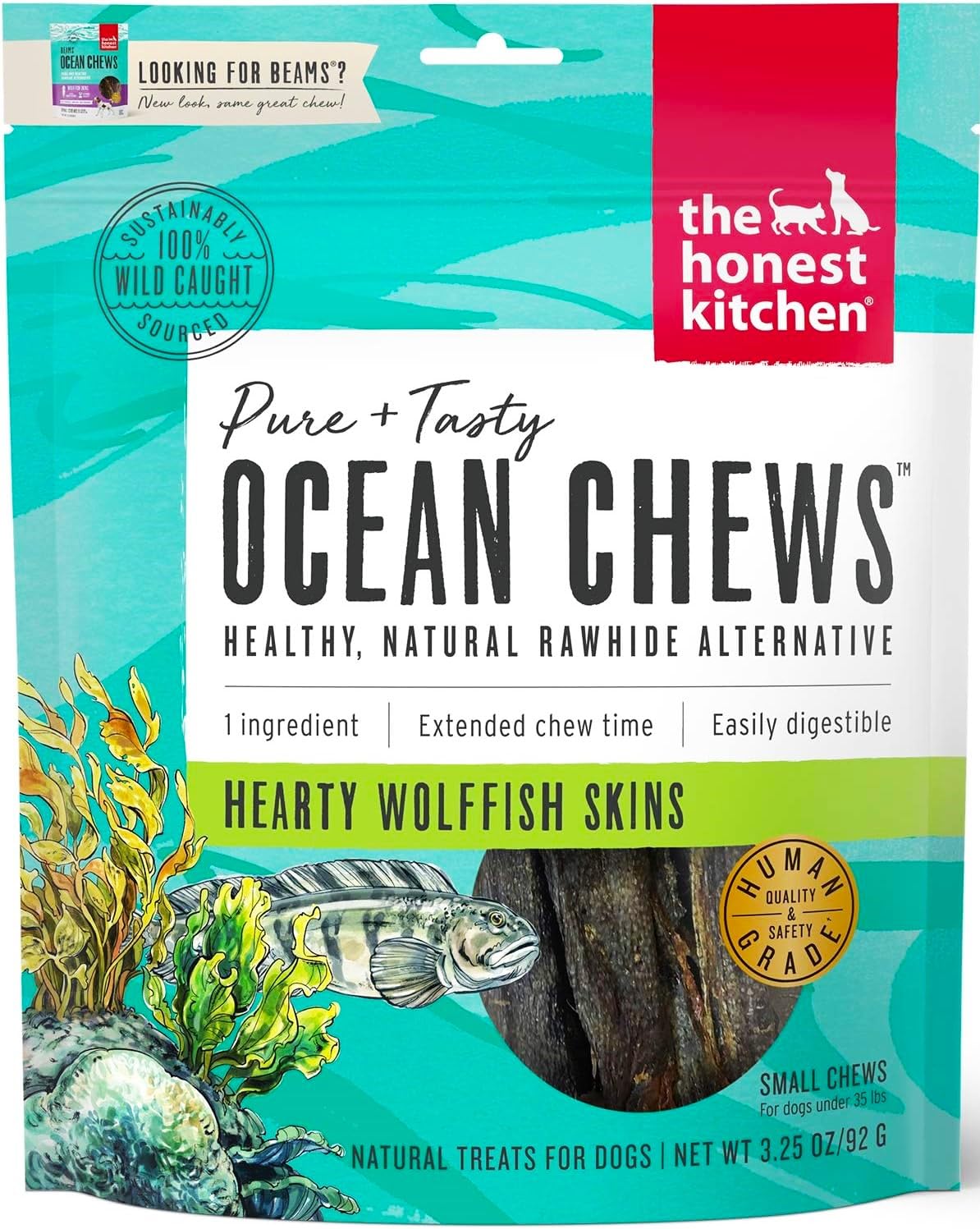 The Honest Kitchen Grain Free Ocean Chews Wolfish Skins Dehydrated Dog Treats (Small Chews - 3.25 oz Bags)