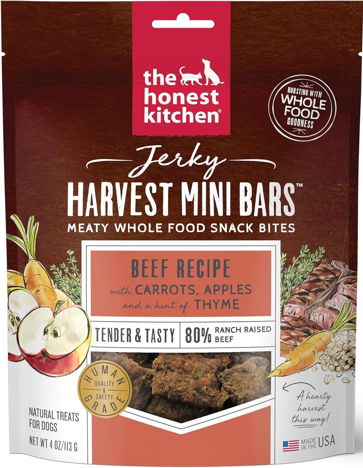 The Honest Kitchen Jerky Harvest Mini Bars Beef Recipe with Carrots & Apples Dog Treats, 4-oz Bags