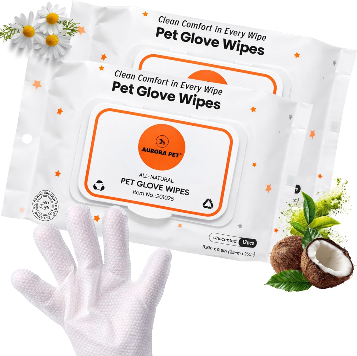 Aurora Pet Glove Wipes for Dogs & Cats, Wearable No-Rinse Grooming Glove Wipes for Paws, Face, Ears & Body, Hypoallergenic Disposable Pet Cleaning Wipes