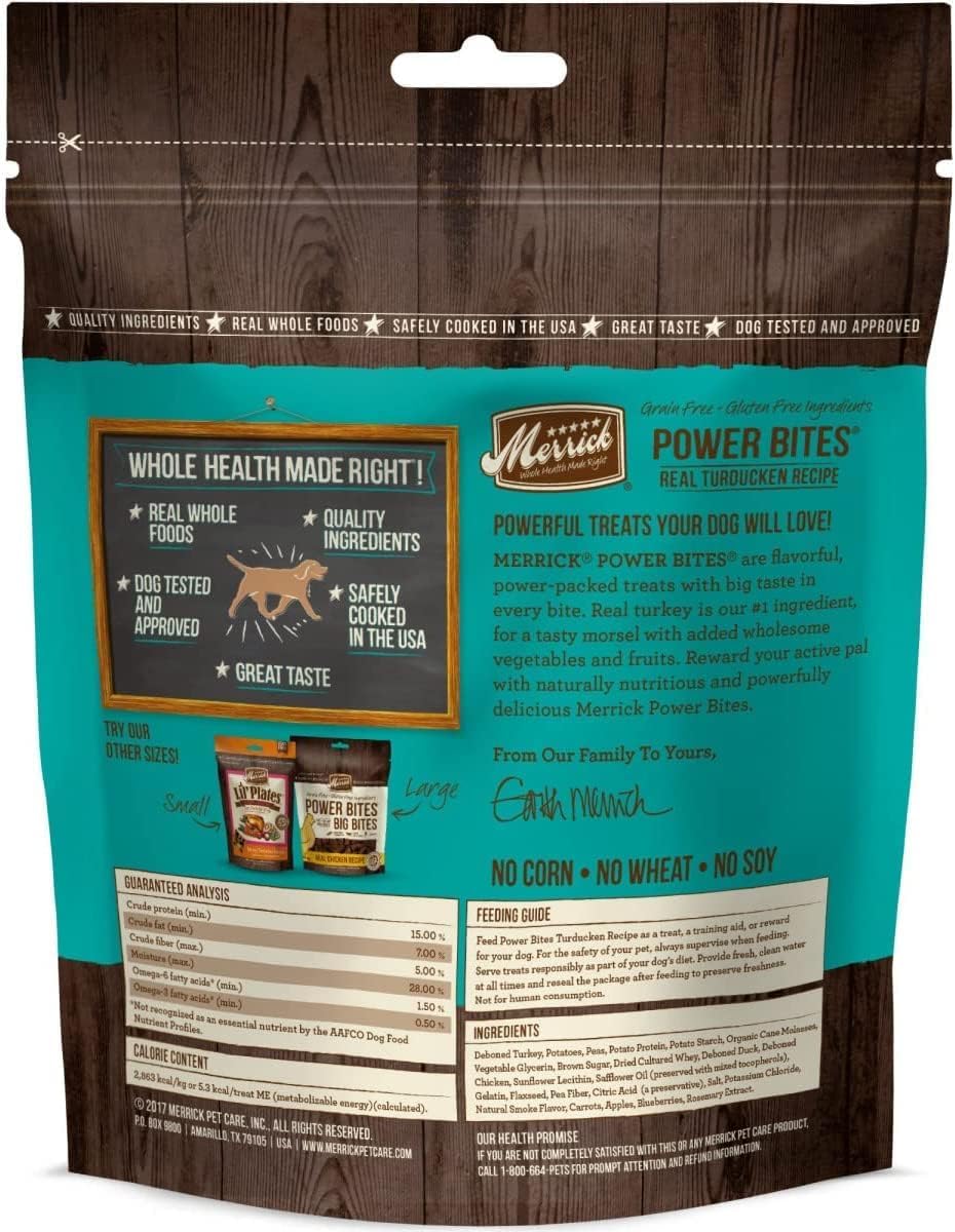 Merrick Power Bites Grain Free Dog Treats (2) Chicken (2) Beef (2) Turducken [6-oz Bags]