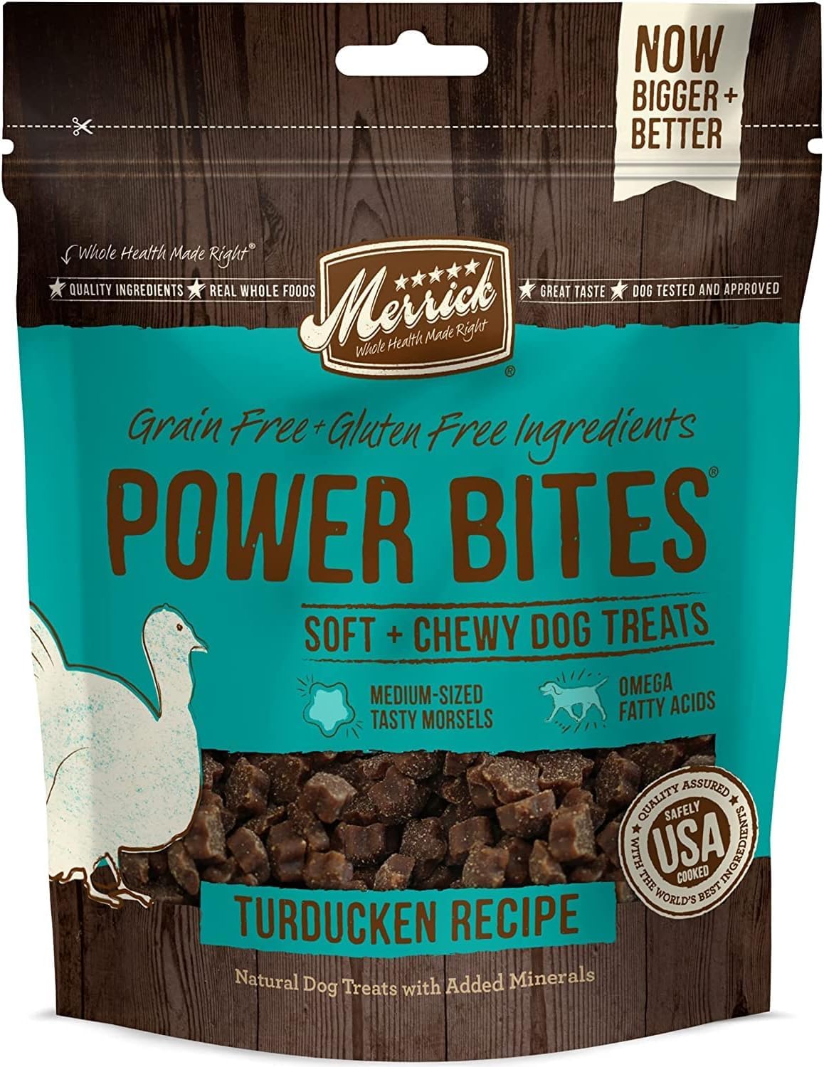 Merrick Power Bites Grain Free Dog Treats Variety [Chicken, Beef, Turducken, Salmon] 6-oz Bags