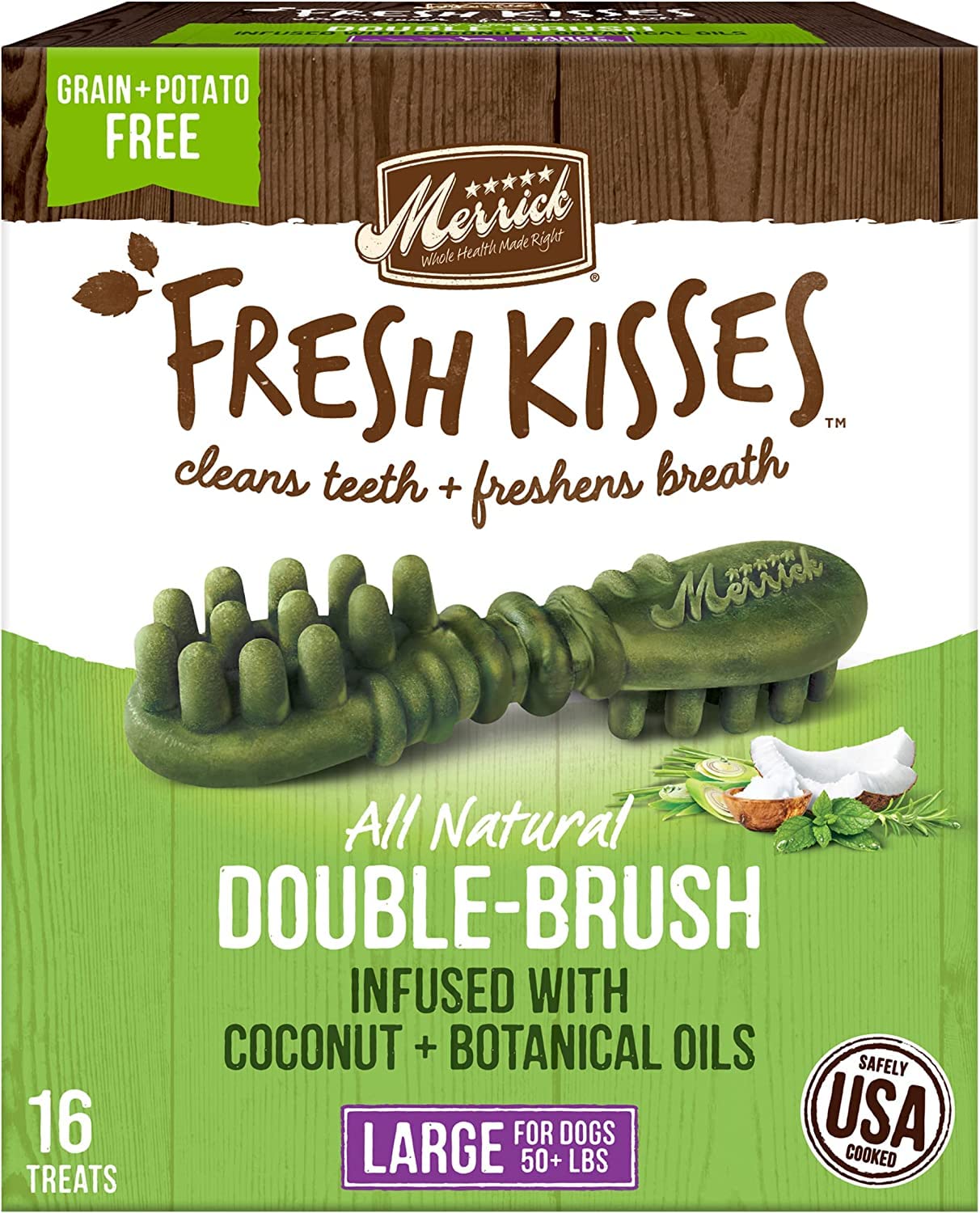 Merrick Fresh Kisses Double-Brush Large Dental Dog Treats (1) Coconut + Botanical Oils (1) Mint-Flavored Breath Strips