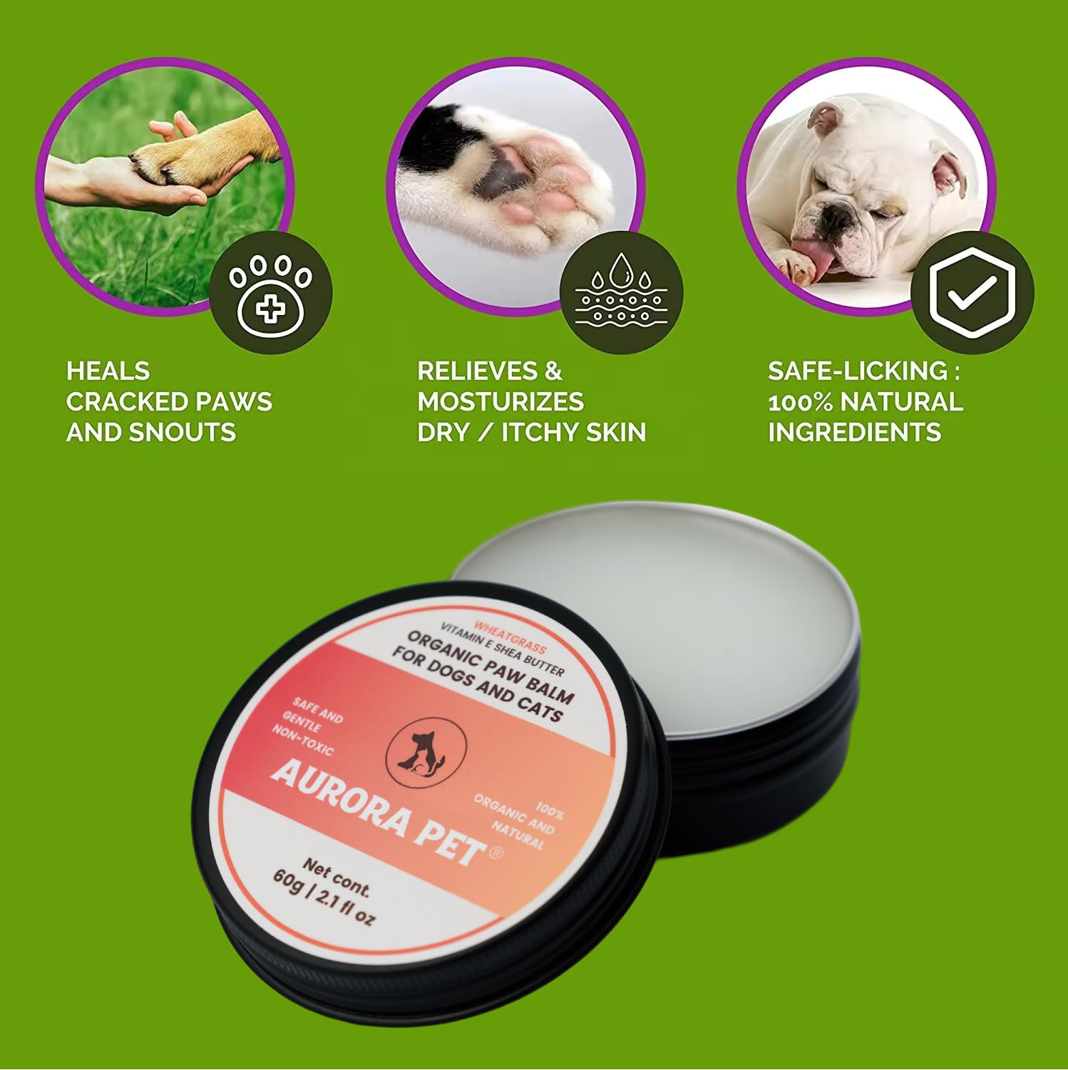 Aurora Pet Organic Paw Balm for Dogs & Cats (2.1 oz) | Soothes, Heals & Protects Dry, Cracked Paws, Noses & Elbows | All-Natural Skin Repair & Moisturizer