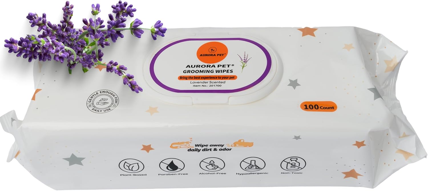 Aurora Pet Wipes – 100% Natural, Plant-Based Hypoallergenic Grooming Wipes for Dogs & Cats – Extra-Durable, Large & Thick for Effortless Cleaning