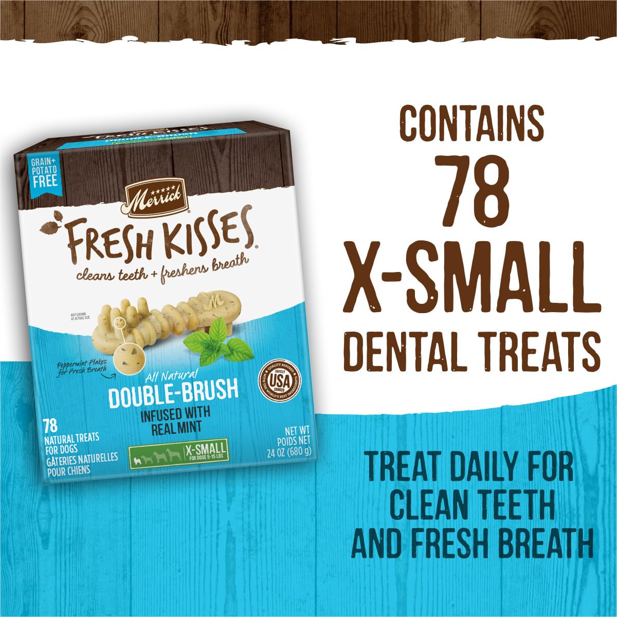 Merrick Fresh Kisses Natural Dental Chews Toothbrush Treat Shape Infused with Real Mint for Tiny Dogs 5-15 Lbs - 106 ct. Box