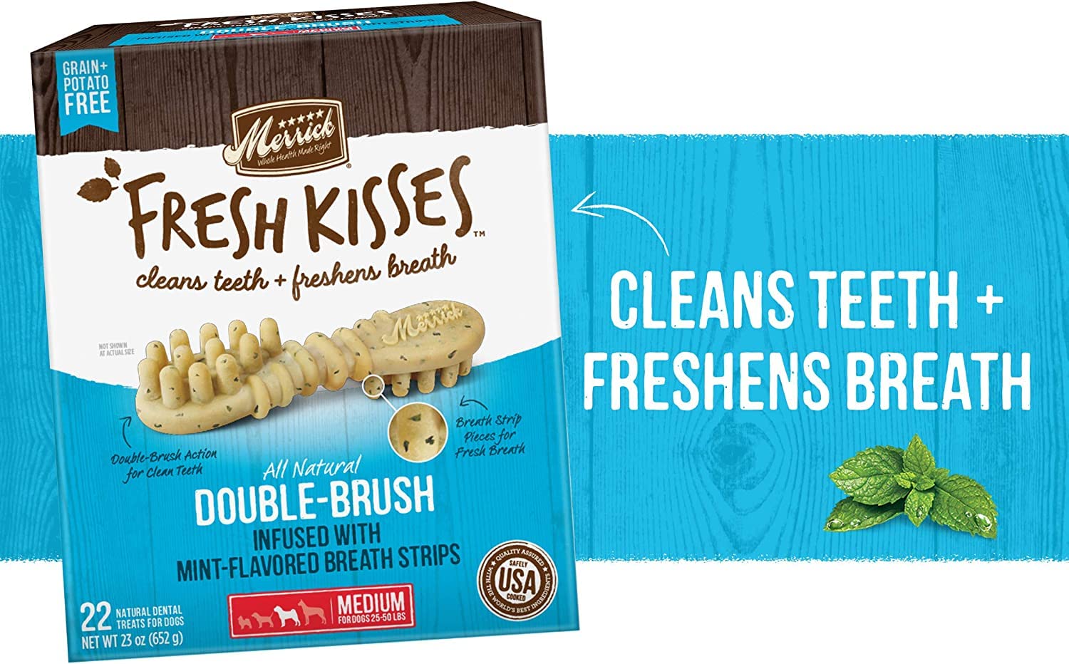 Merrick Fresh Kisses Double-Brush Mint Breath Strip Infused Medium Dental Dog Treats