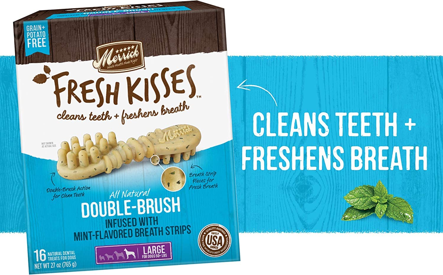 Merrick Fresh Kisses Double-Brush Mint Breath Strip Infused Large Dental Dog Treats