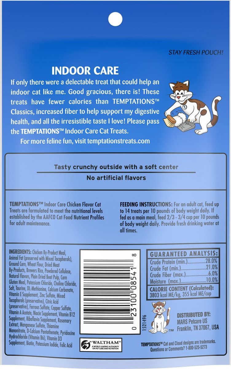 Temptations Indoor Care (Hairball Control) Chicken Flavor Cat Treats 2.1 oz (Pack of 9)