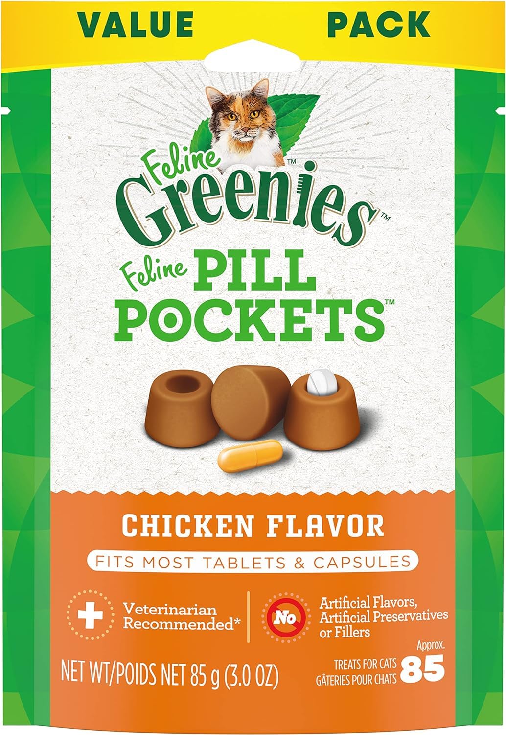 Feline Greenies Pill Pockets Natural Soft Adult Cat Treats (2) Salmon (2) Chicken Flavor (3-oz Bags)