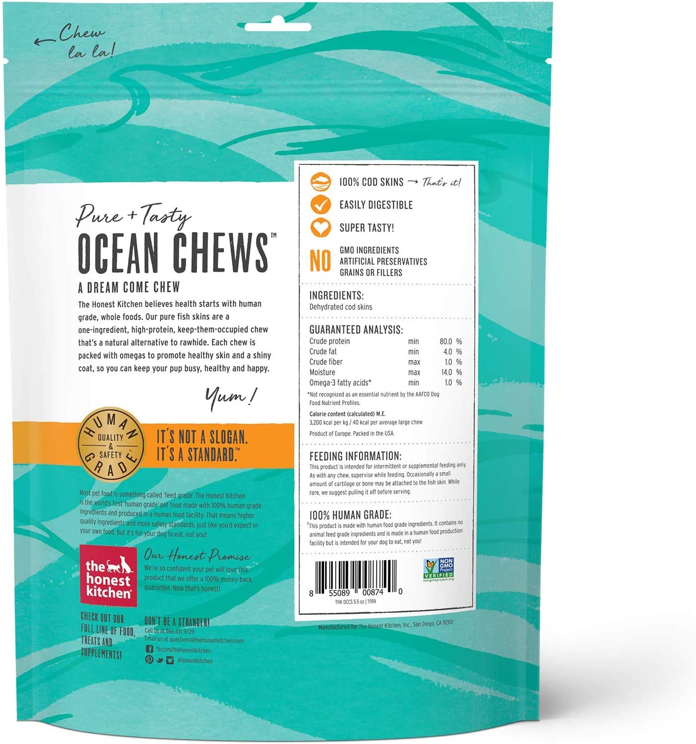 The Honest Kitchen Crispy Cod Fish Skins Ocean Chews Single-Ingredient Dog Treats (Pack of 3)