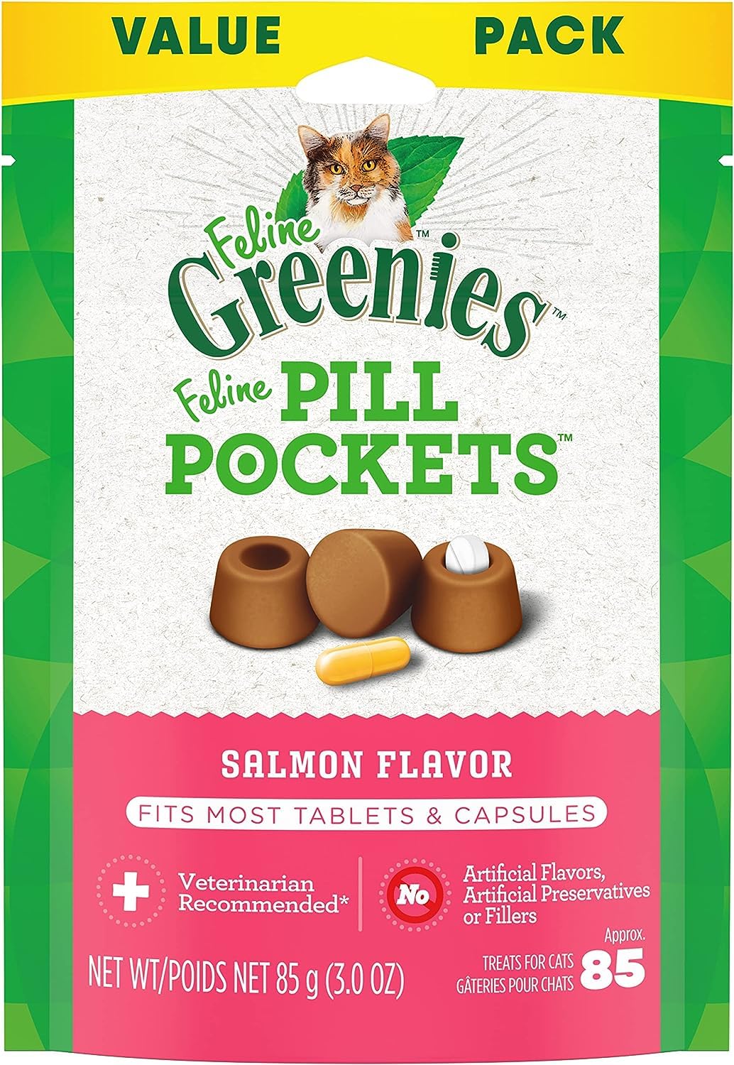 Feline Greenies Pill Pockets Natural Soft Adult Cat Treats (2) Salmon (2) Chicken Flavor (3-oz Bags)