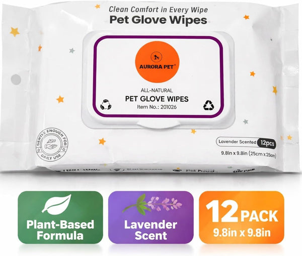 Aurora Pet Glove Wipes for Dogs & Cats, Wearable No-Rinse Grooming Glove Wipes for Paws, Face, Ears & Body, Hypoallergenic Disposable Pet Cleaning Wipes