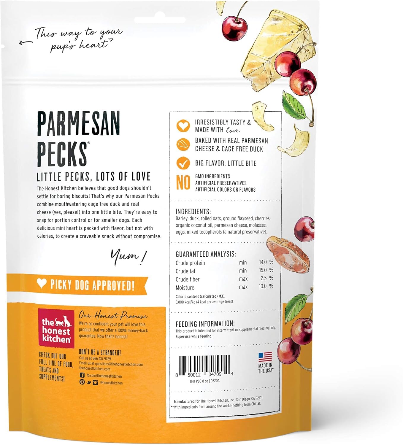 The Honest Kitchen Parmesan Pecks Dog Treats Duck, Parmesan & Cherry Recipe (Pack of 3)