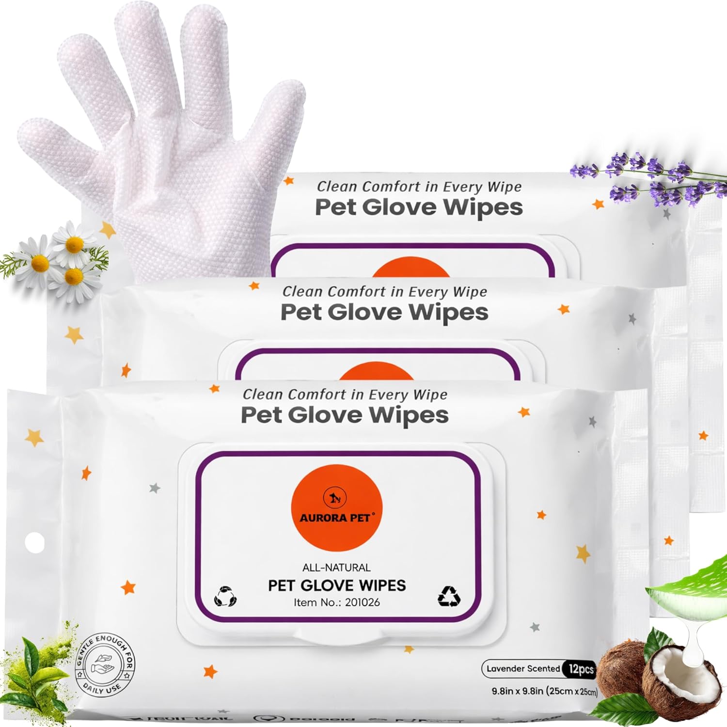 Aurora Pet Glove Wipes for Dogs & Cats, Wearable No-Rinse Grooming Glove Wipes for Paws, Face, Ears & Body, Hypoallergenic Disposable Pet Cleaning Wipes