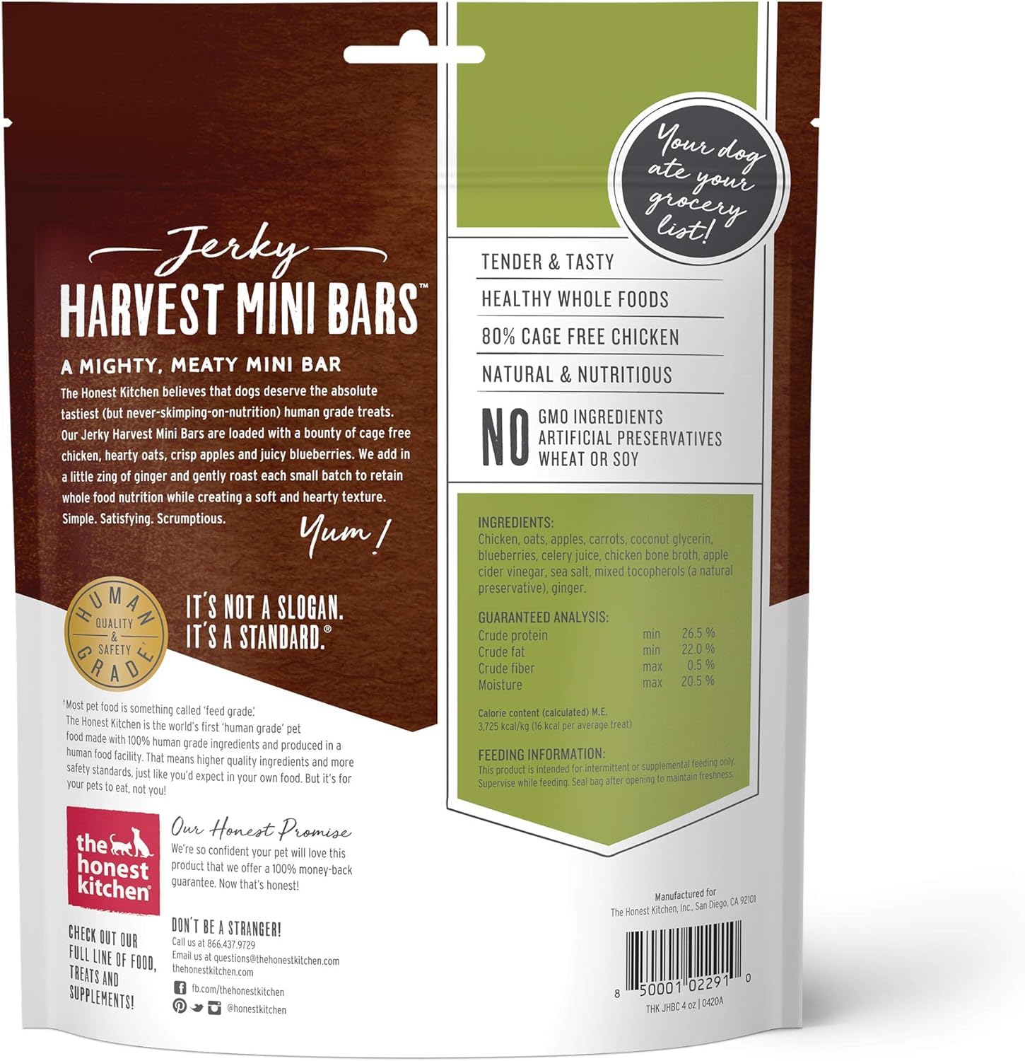 The Honest Kitchen Jerky Harvest Mini Bars Chicken Recipe with Apples & Blueberries Dog Treats (Pack of 3)