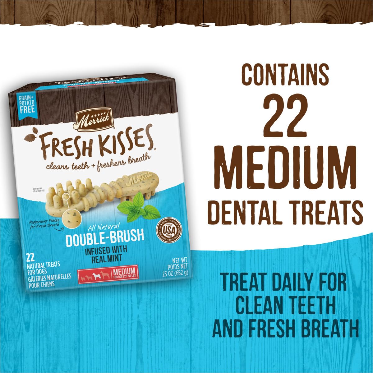 Merrick Fresh Kisses Natural Dental Chews Toothbrush Shape Treat Infused with Real Mint Medium Dogs - 22 ct. Box