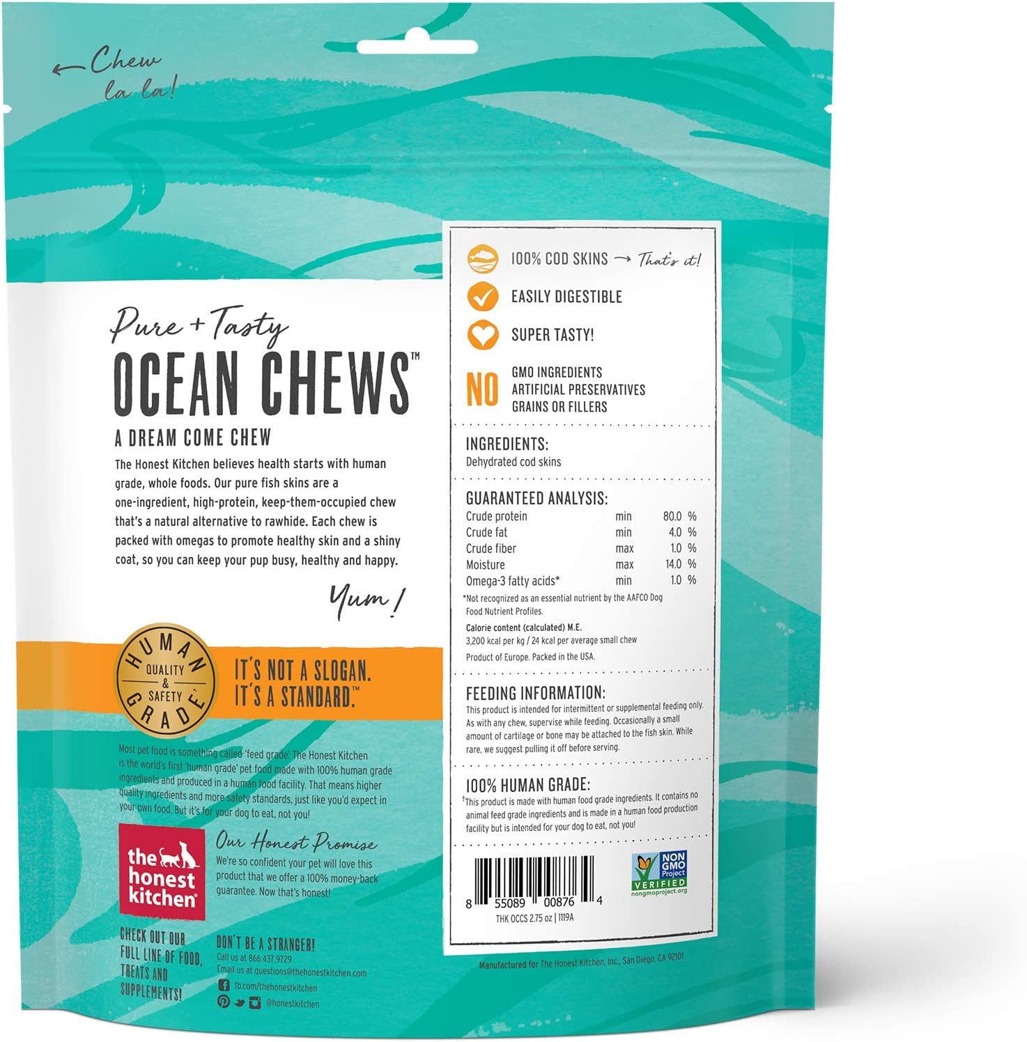 The Honest Kitchen Ocean Chews Crispy Cod Fish Skins Dog Treats (Pack of 3)