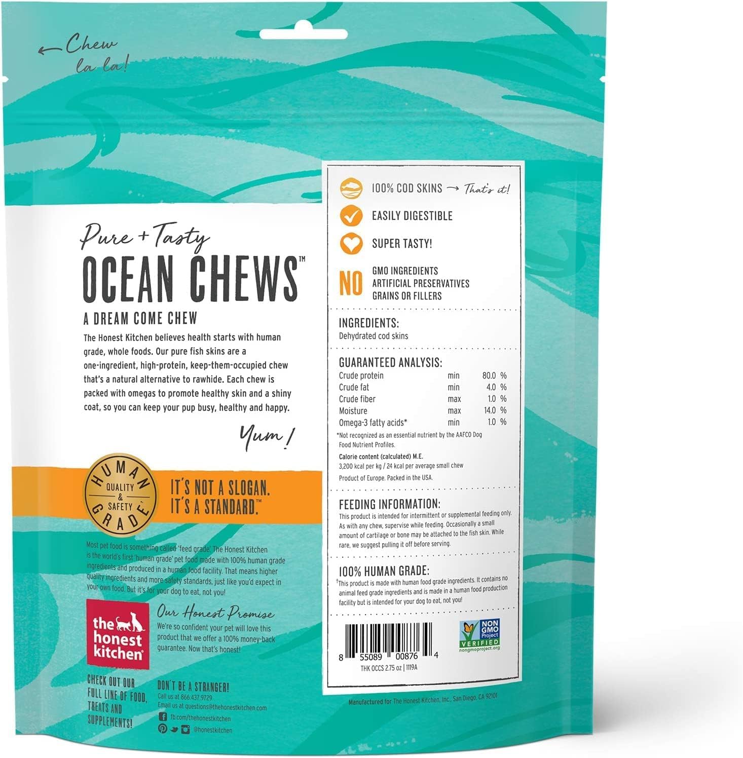 The Honest Kitchen Ocean Chews Wolfish Skins (6-oz), Cod Fish Skins (5.5-oz) Dehydrated Dog Treats