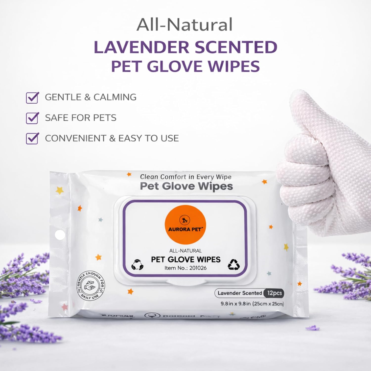 Aurora Pet Glove Wipes for Dogs & Cats, Wearable No-Rinse Grooming Glove Wipes for Paws, Face, Ears & Body, Hypoallergenic Disposable Pet Cleaning Wipes