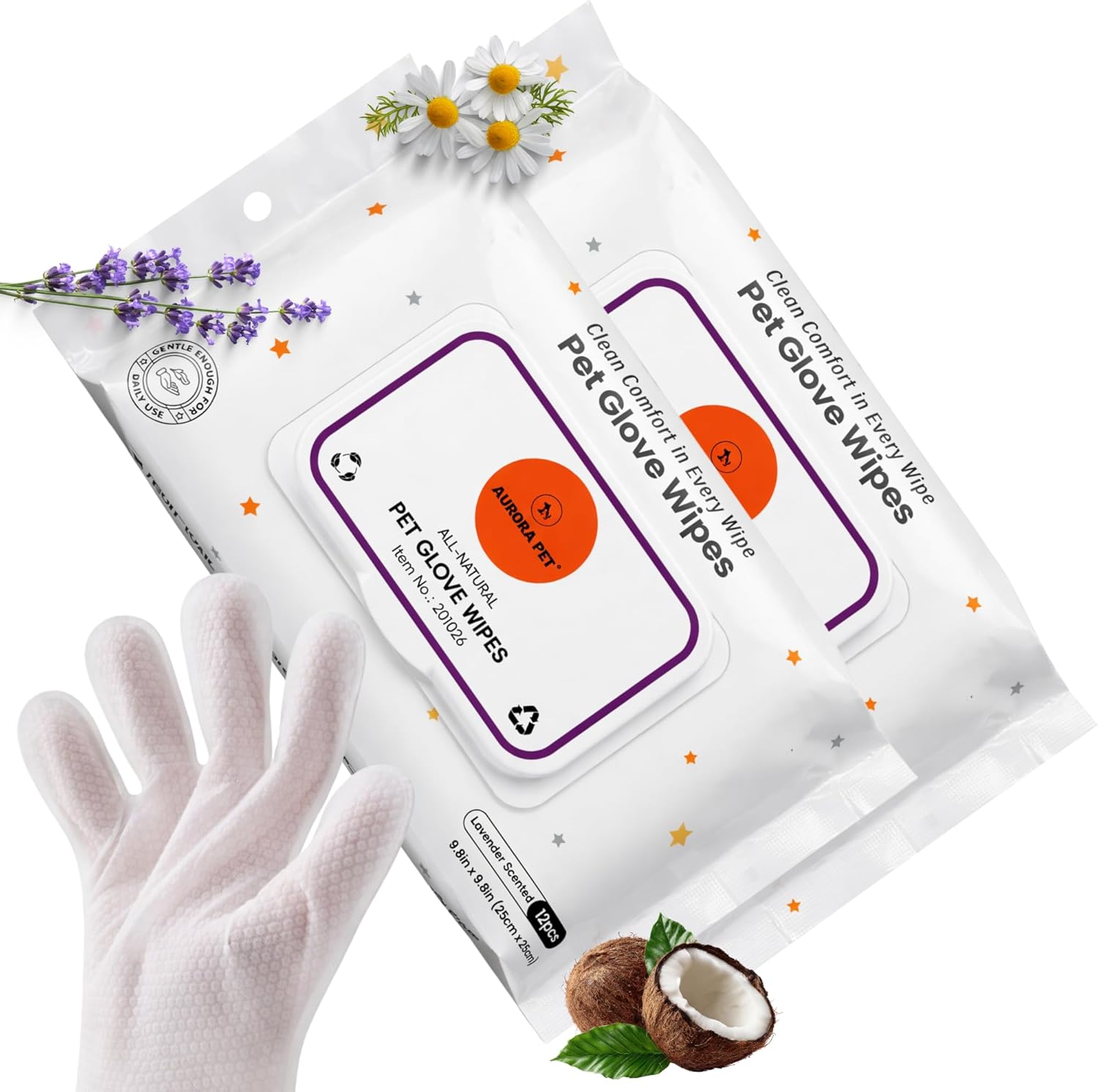 Aurora Pet Glove Wipes for Dogs & Cats, Wearable No-Rinse Grooming Glove Wipes for Paws, Face, Ears & Body, Hypoallergenic Disposable Pet Cleaning Wipes