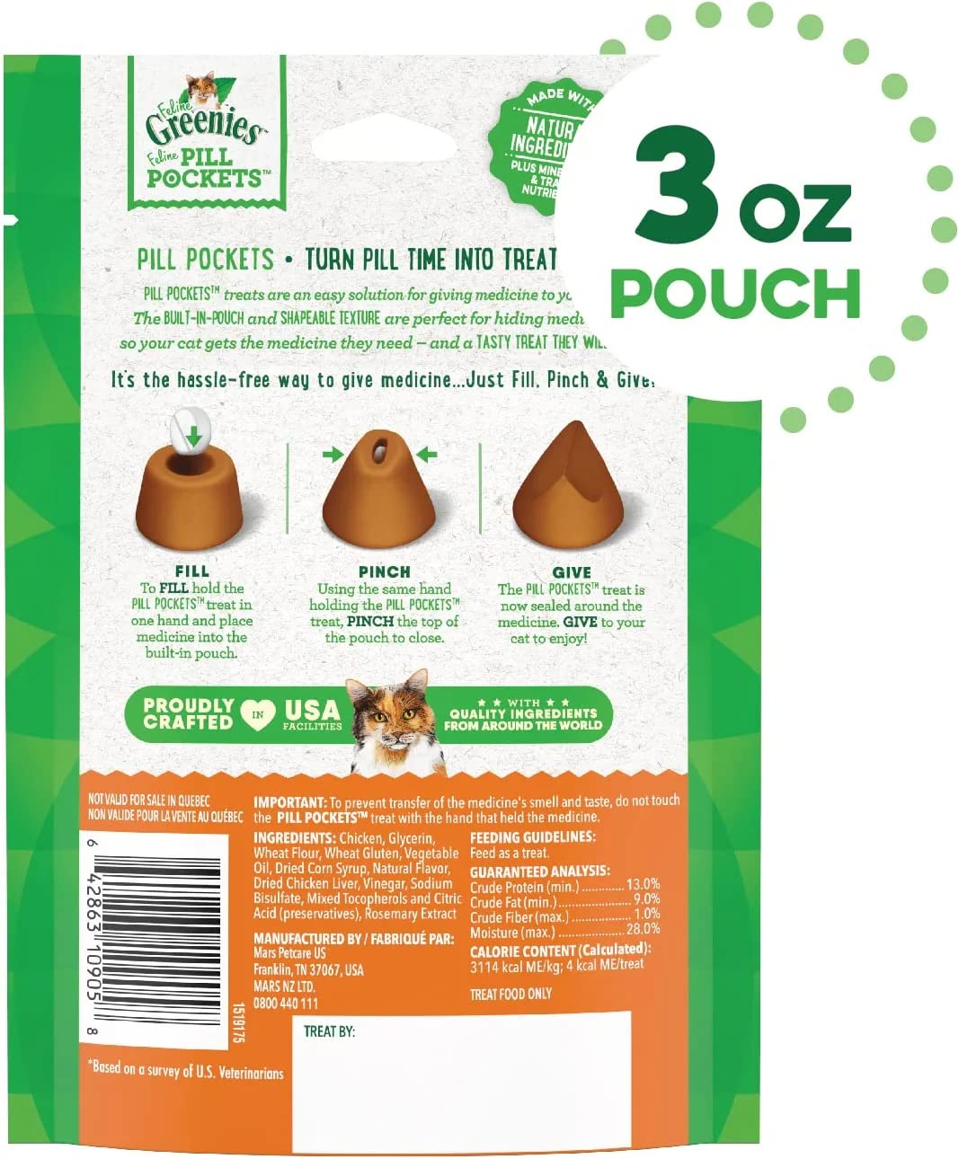 Greenies Feline Pill Pockets Chicken Flavor Natural Soft Adult Cat Treats (3-oz Bags)