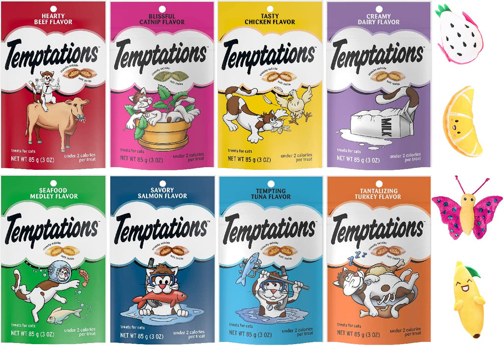 Temptations Classic 8 Flavors Cat Treats (3-oz Each) with Aurora Pet Catnip Toy (Assorted)