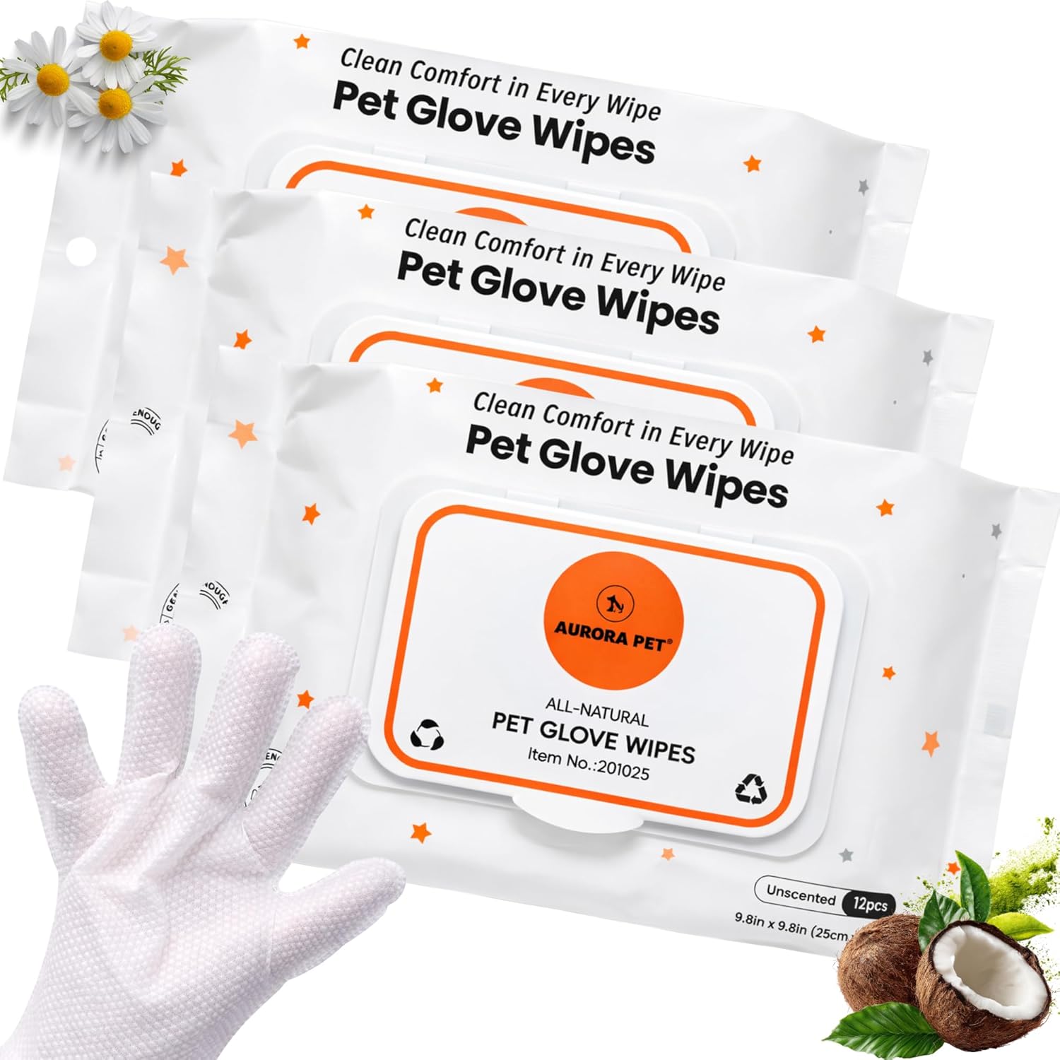 Aurora Pet Glove Wipes for Dogs & Cats, Wearable No-Rinse Grooming Glove Wipes for Paws, Face, Ears & Body, Hypoallergenic Disposable Pet Cleaning Wipes
