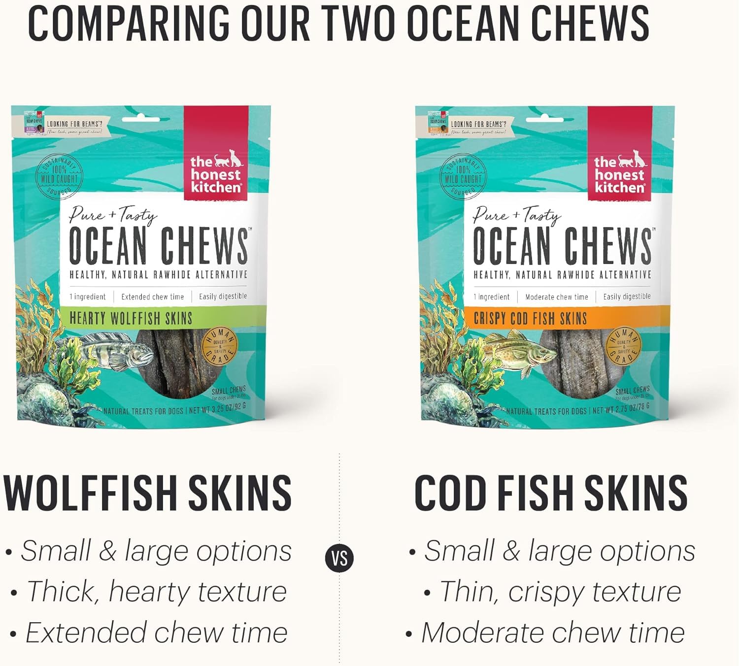 The Honest Kitchen Ocean Chews Wolfish Skins (6-oz), Cod Fish Skins (5.5-oz) Dehydrated Dog Treats