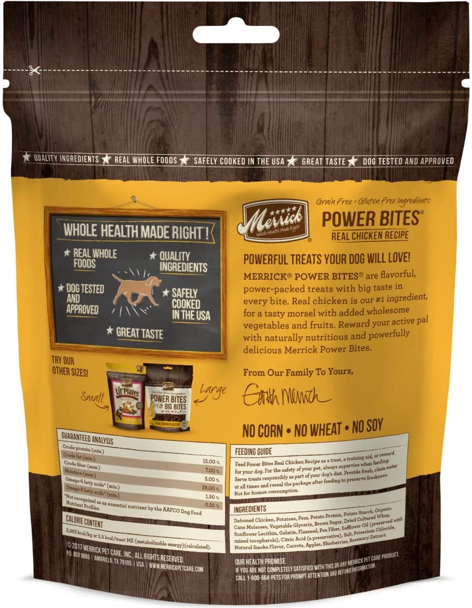 Merrick Power Bites Bundle Pack (2 Beef + 2 Chicken) Natural Grain Free Gluten Free Soft & Chewy Chews Dog Treats