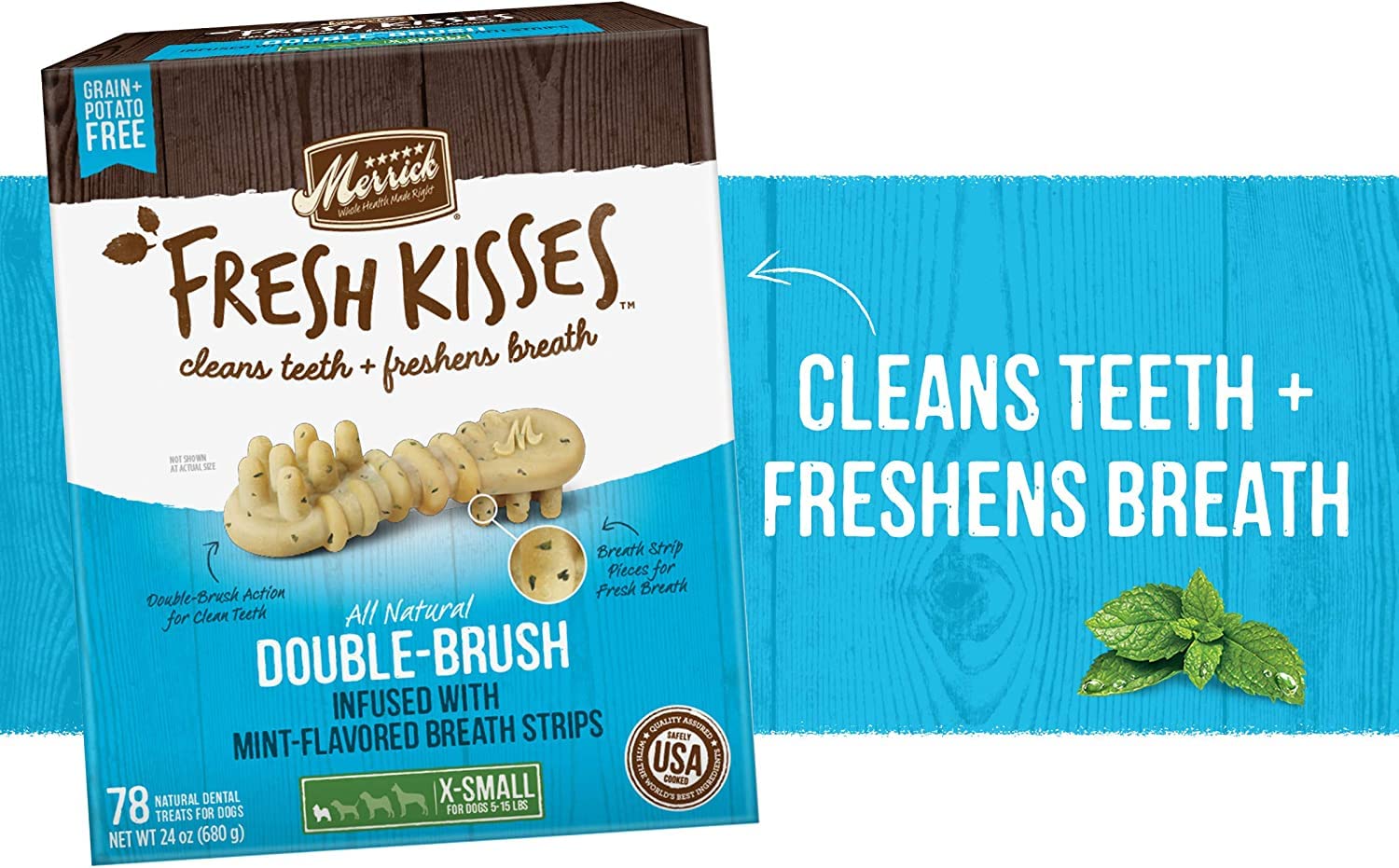 Merrick Fresh Kisses Double-Brush Mint Breath Strip Infused X-Small Dental Dog Treats (Pack of 2)