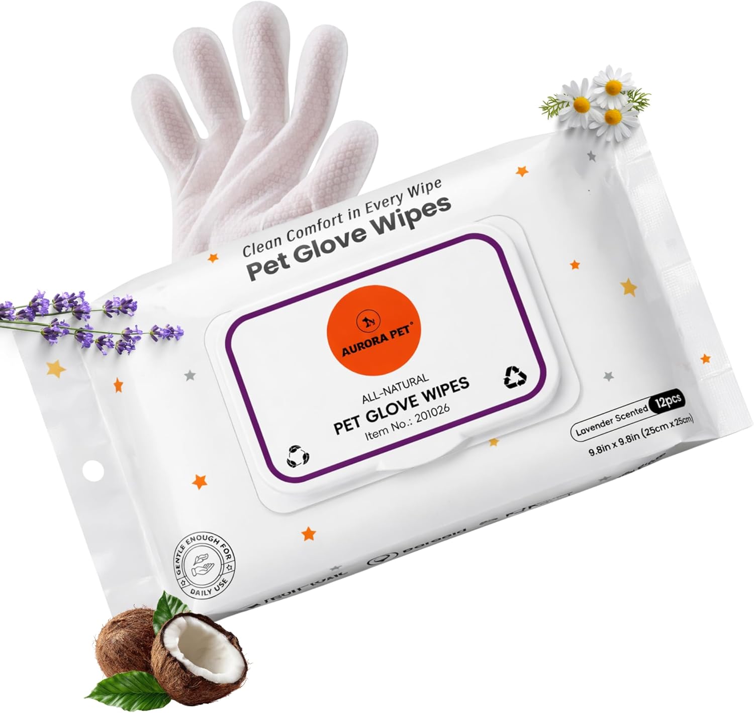 Aurora Pet Glove Wipes for Dogs & Cats, Wearable No-Rinse Grooming Glove Wipes for Paws, Face, Ears & Body, Hypoallergenic Disposable Pet Cleaning Wipes