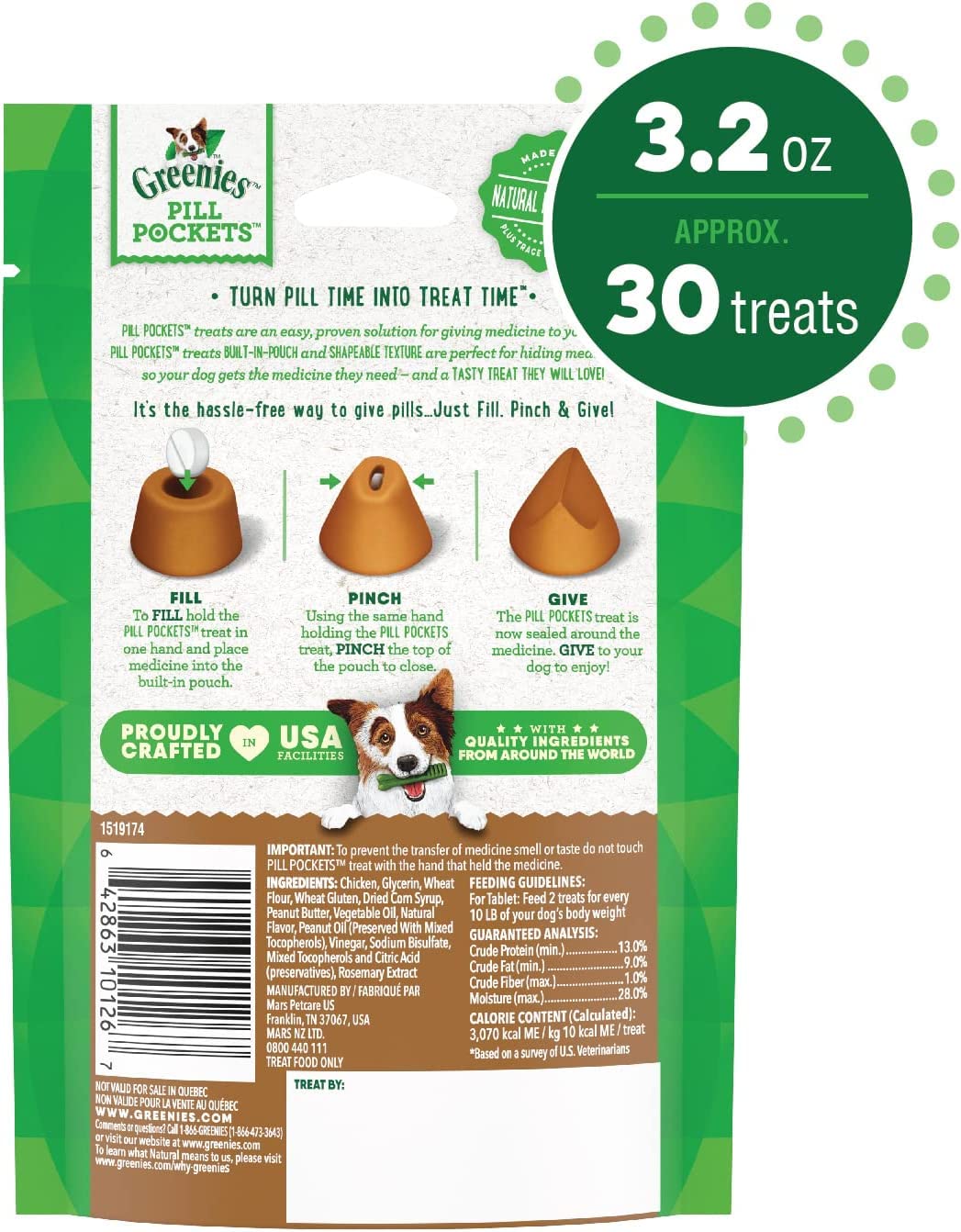 Greenies Peanut Butter Flavor Pill Pockets for Dogs, (Approximately 30 Pockets Per Pack) Pack of 4