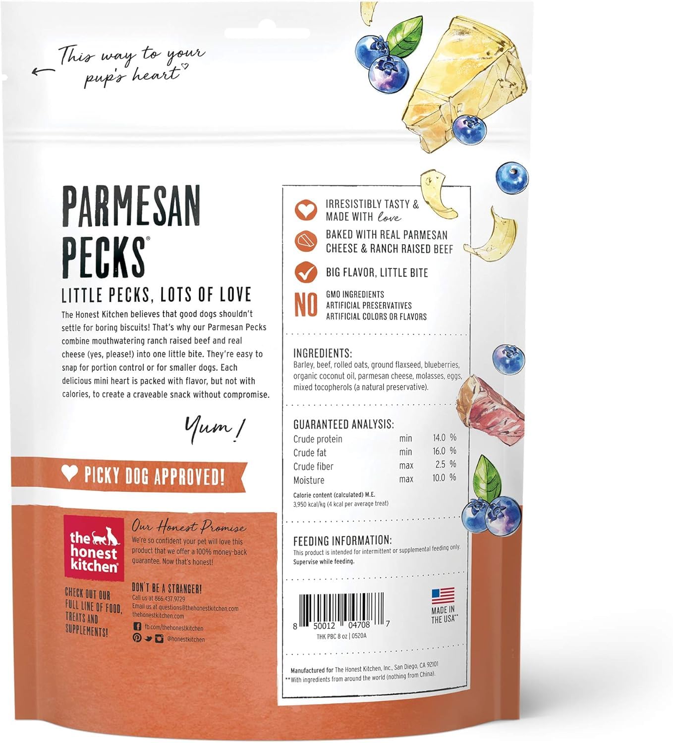 The Honest Kitchen Parmesan Pecks Beef, Parmesan & Blueberry Recipe Dog Treats (Pack of 3)