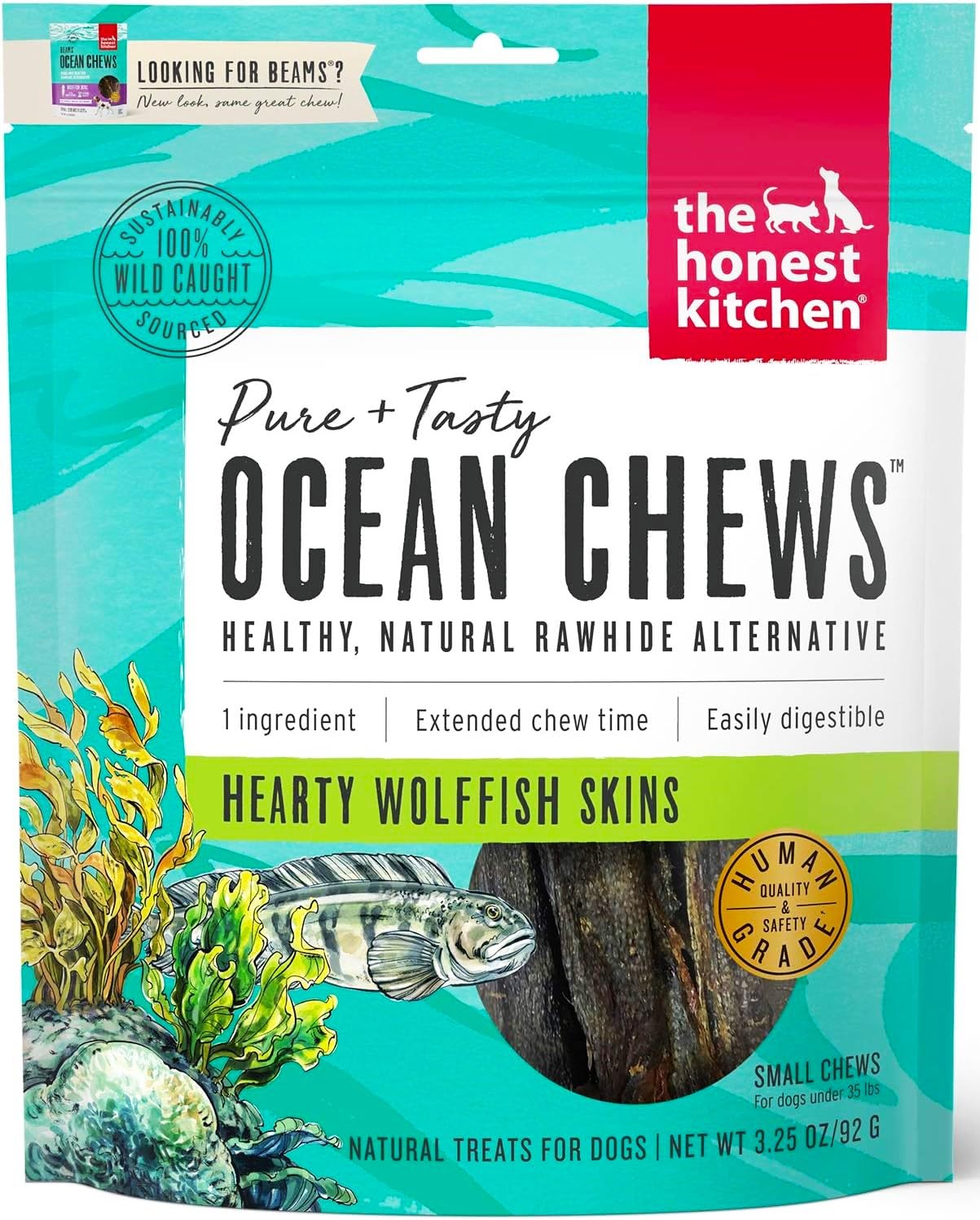 The Honest Kitchen Ocean Chews Wolfish Skins (3.25 oz), Cod Fish Skins (2.75 oz) Dehydrated Dog Treats