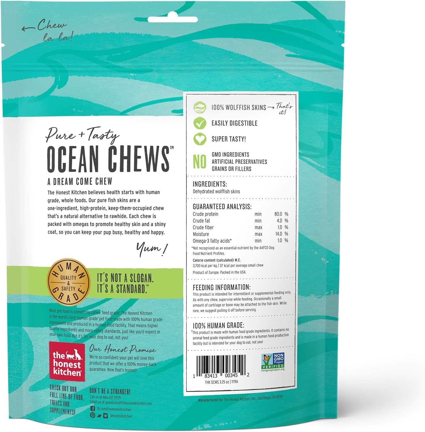 The Honest Kitchen Grain Free Ocean Chews Wolfish Skins Dehydrated Dog Treats (Small Chews - 3.25 oz Bags)