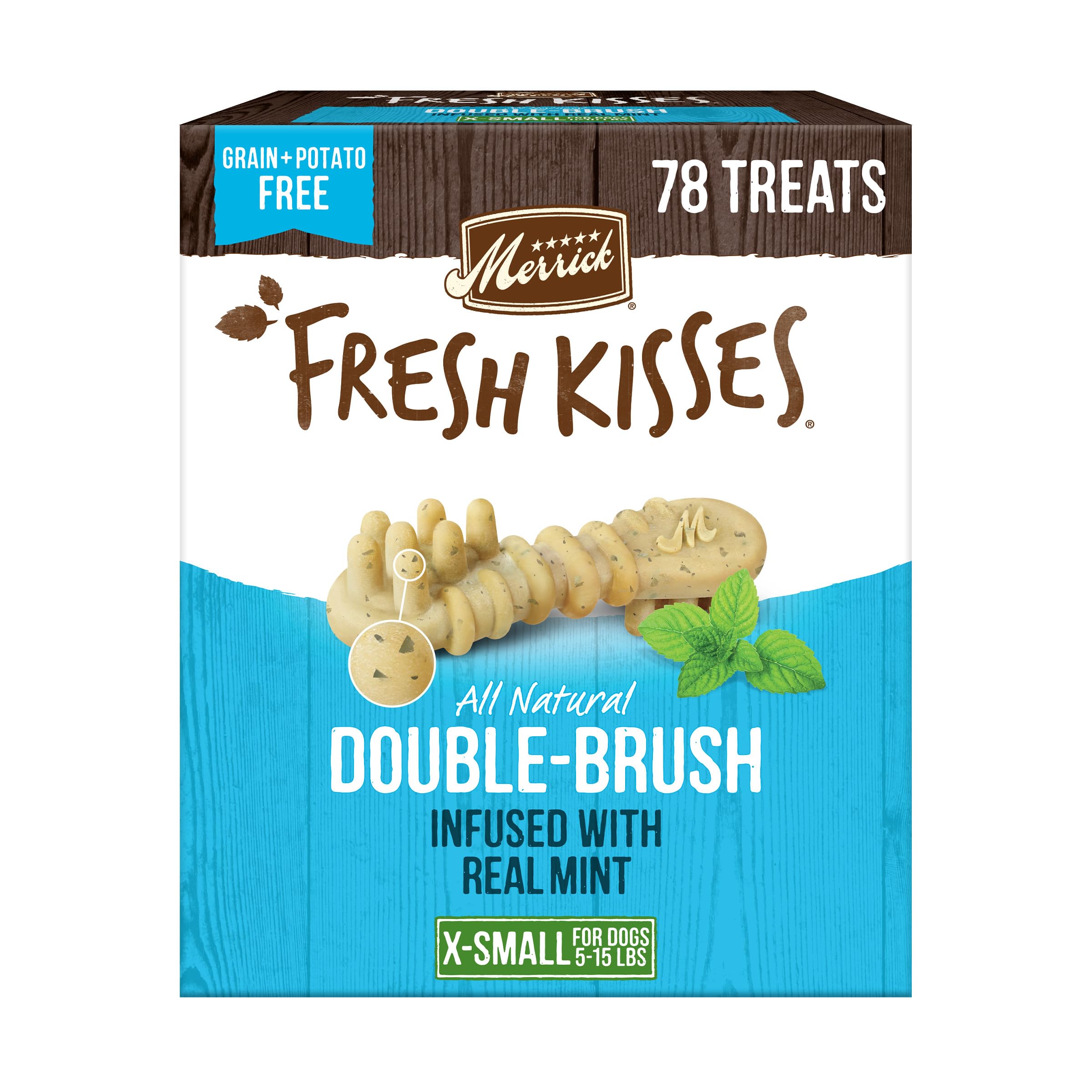 Merrick Fresh Kisses Natural Dental Chews Toothbrush Treat Shape Infused with Real Mint for Tiny Dogs 5-15 Lbs - 106 ct. Box