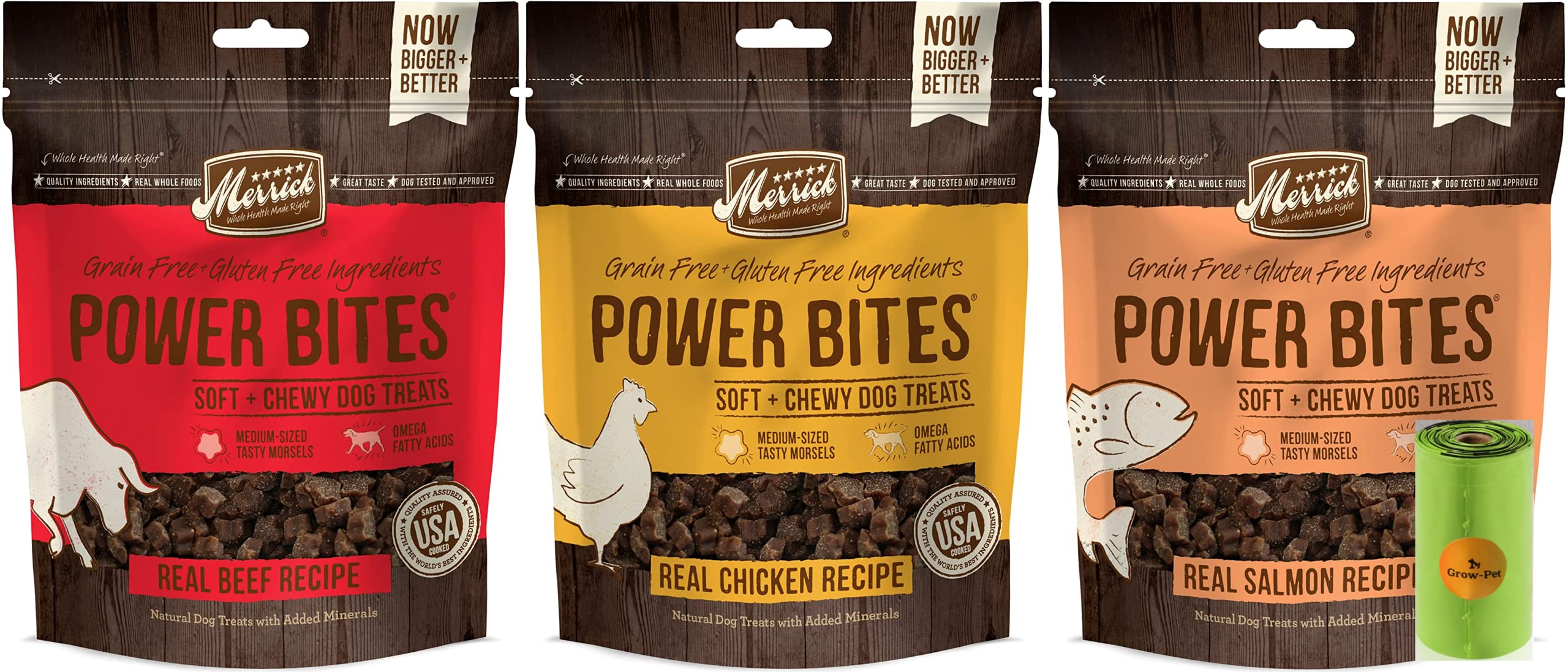 Merrick Power Bites 3 Favorite Flavors Natural Grain Free Gluten Free Soft & Chewy Chews Dog Treats