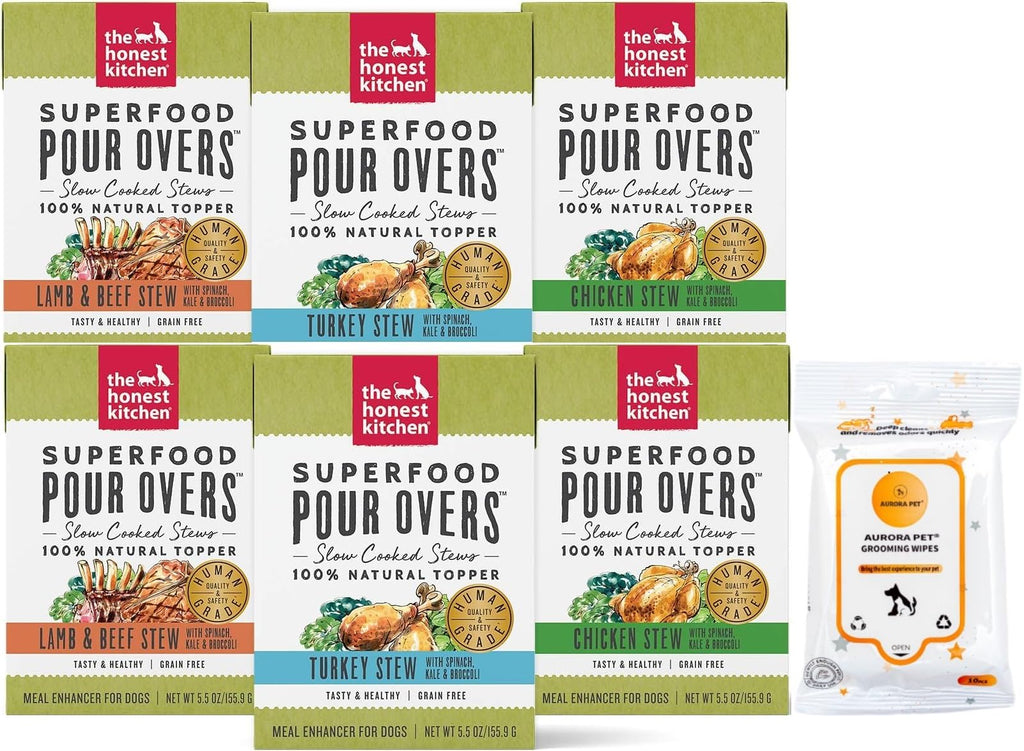 The Honest Kitchen Superfood Pour Overs Wet Toppers for Dogs (2) Lamb & Beef (2) Turkey (2) Chicken (5.5-oz Each)