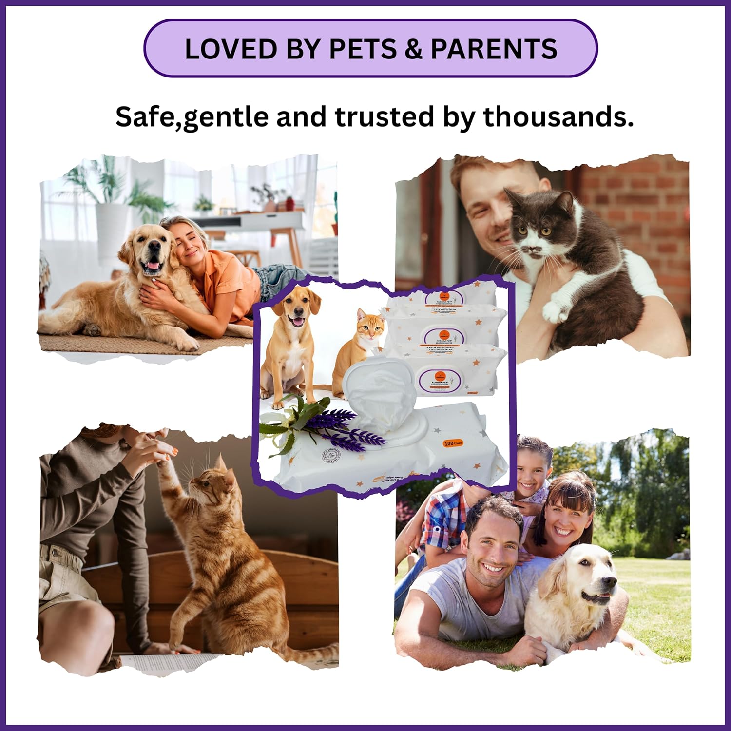 Aurora Pet Wipes – 100% Natural, Plant-Based Hypoallergenic Grooming Wipes for Dogs & Cats – Extra-Durable, Large & Thick for Effortless Cleaning