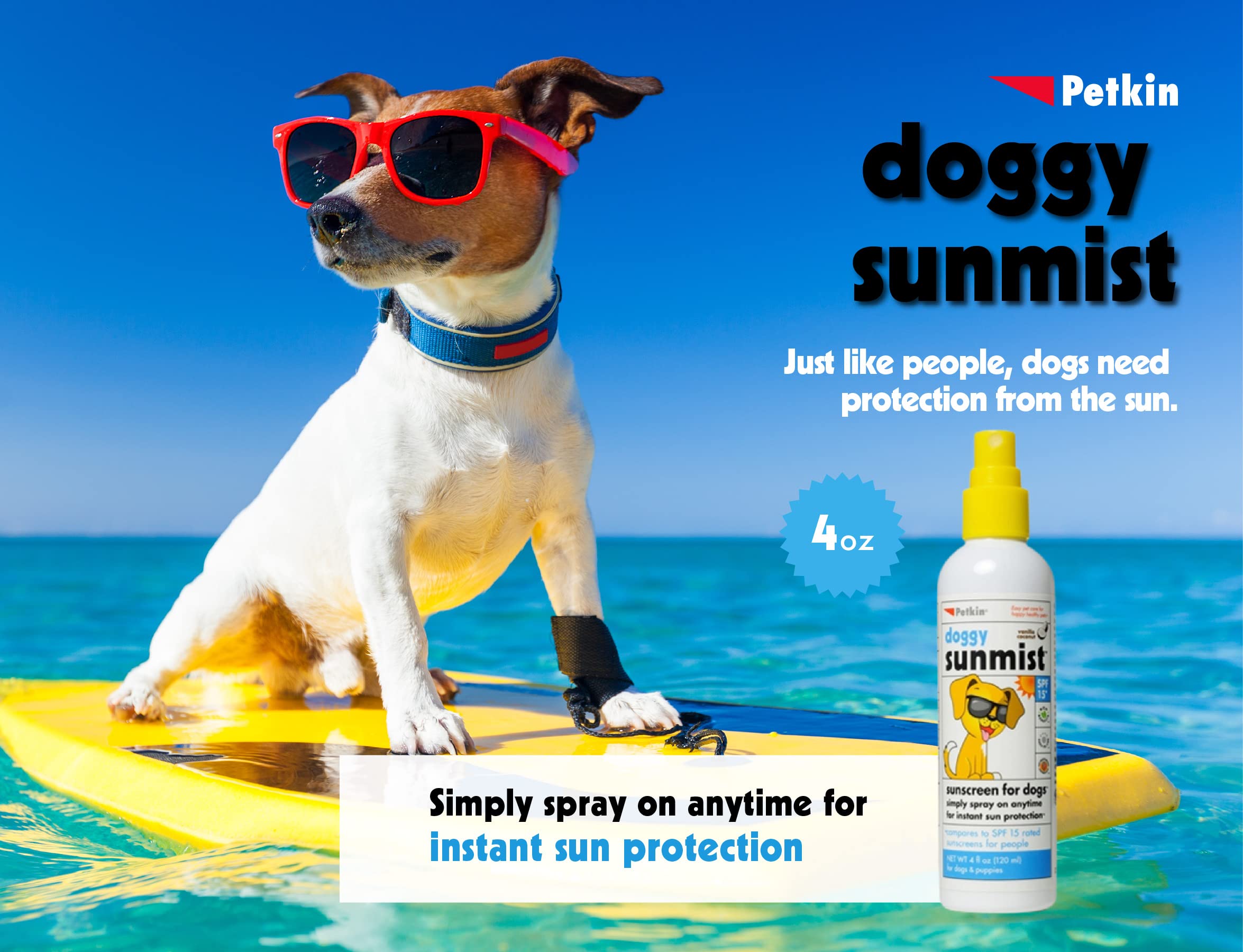 Petkin Dog Sunscreen Sunmist– Sunscreen for Dogs and Puppies, SPF 15 – Simply Spray on Anytime for Instant Sun Protection – Vanilla Coconut Scent, 4oz Bottle – Ideal for Home or Travel