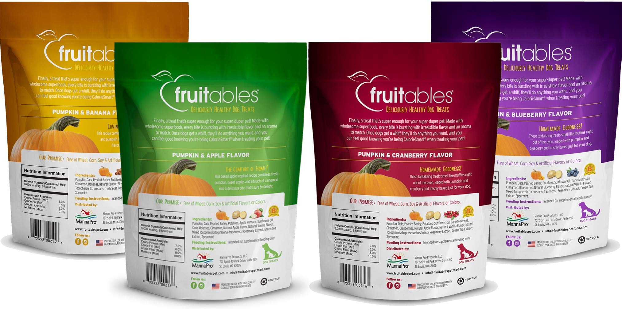 Fruitables All Natural 7 Ounce Pumpkin Baked Crunchy Dog Treats, Variety Pack of 4