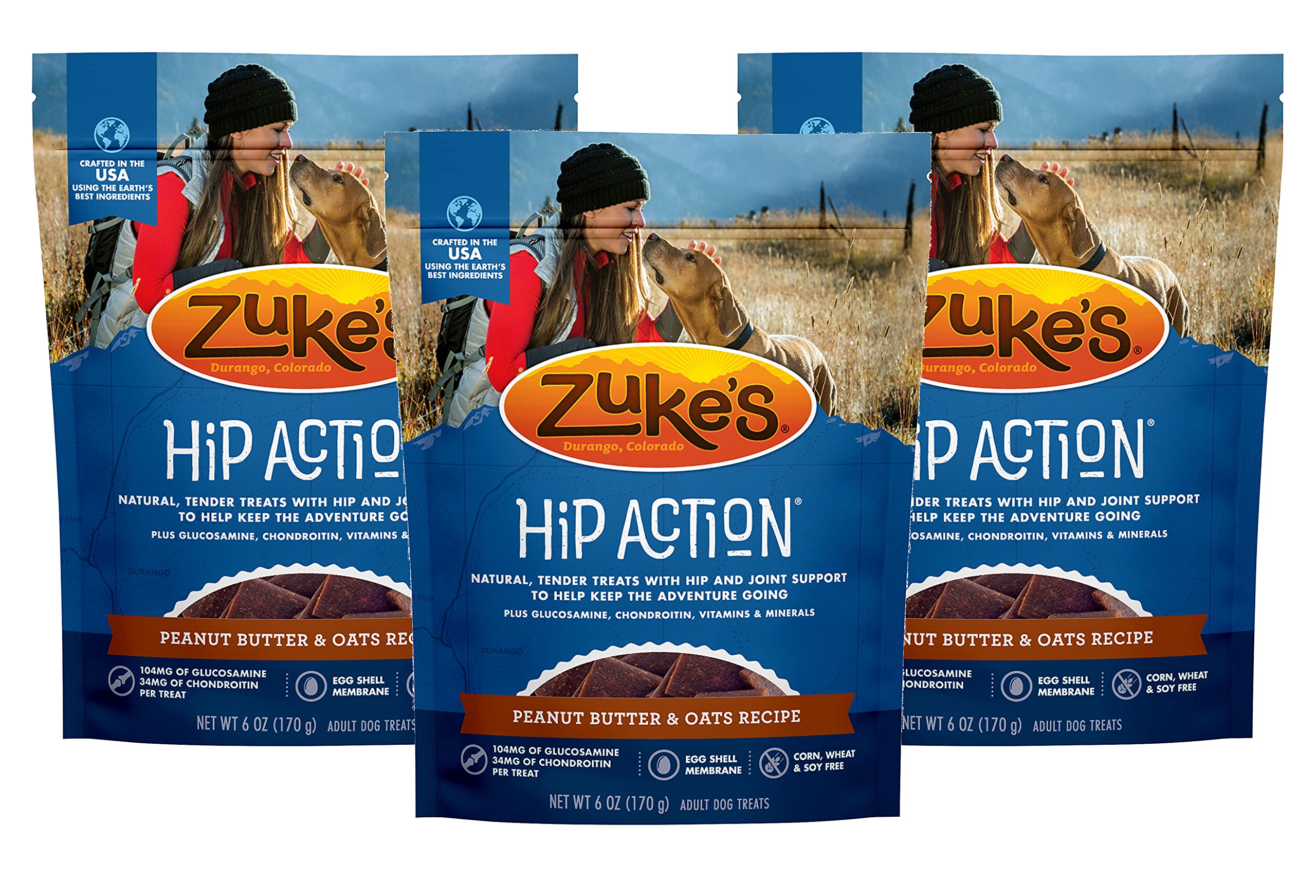 Zuke's Hip Action Dog Treats Peanut Butter and Oats Recipe, 6 Ounces (3 Pack)