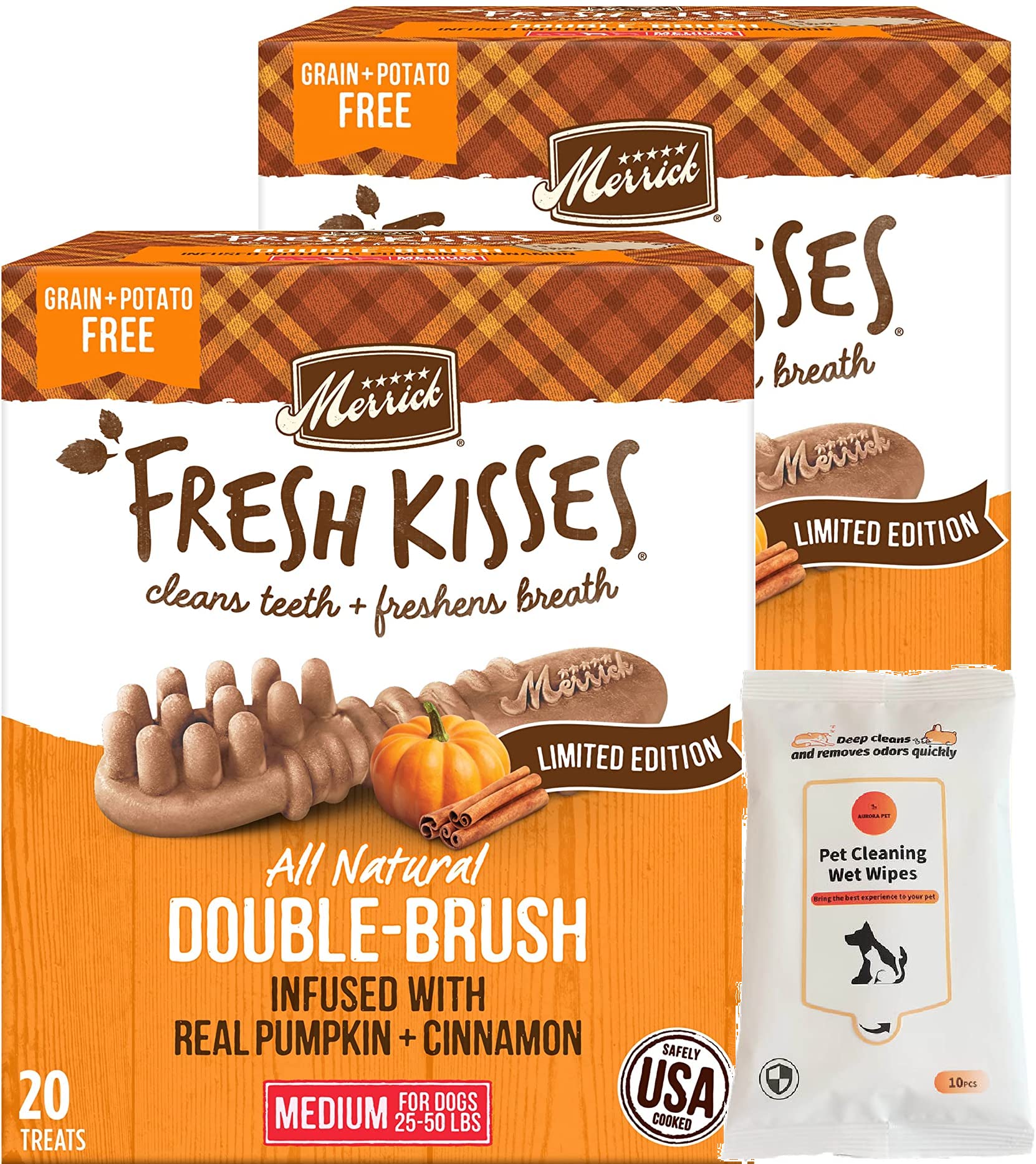 Merrick Fresh Kisses Real Pumpkin & Cinnamon Flavor Medium Breed Dog Dental Treats (Pack of 2)