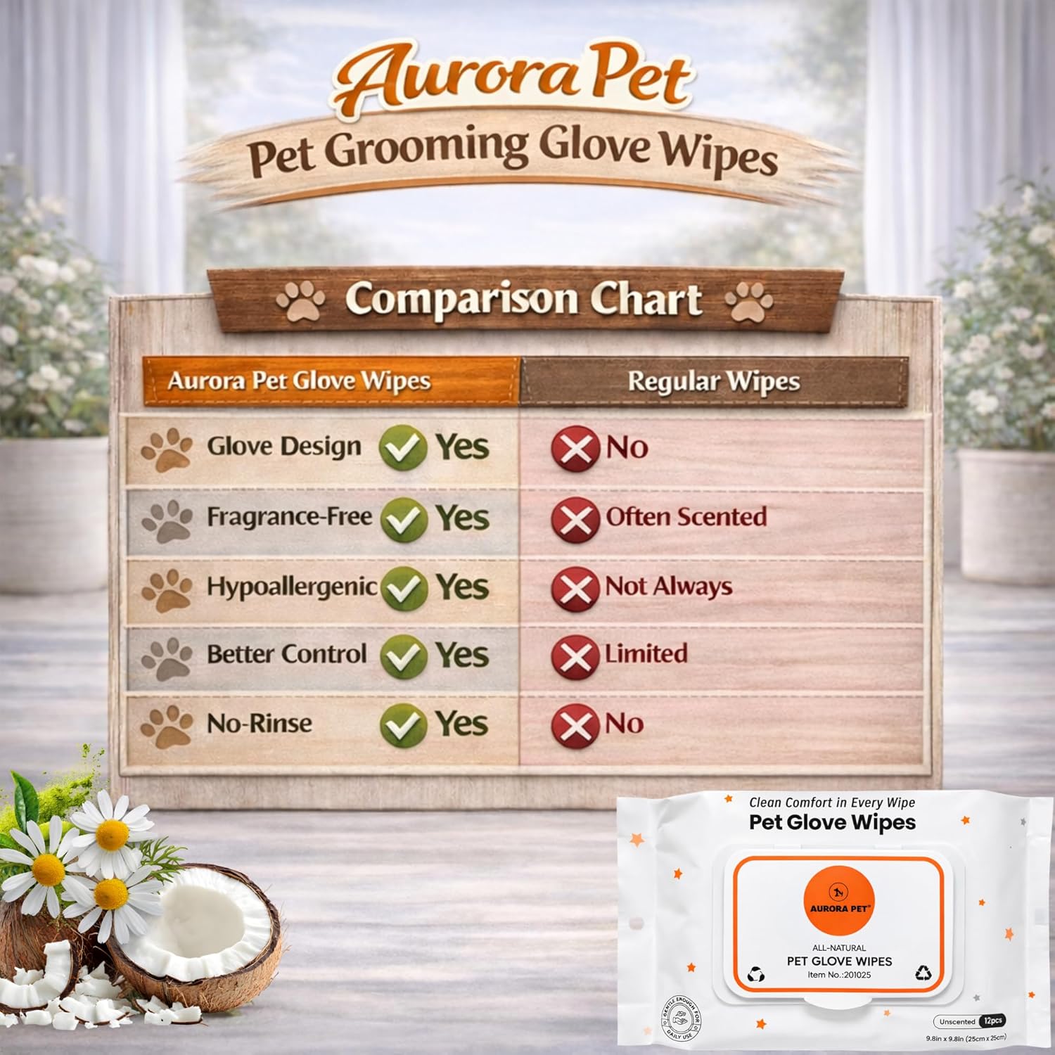 Aurora Pet Glove Wipes for Dogs & Cats, Wearable No-Rinse Grooming Glove Wipes for Paws, Face, Ears & Body, Hypoallergenic Disposable Pet Cleaning Wipes